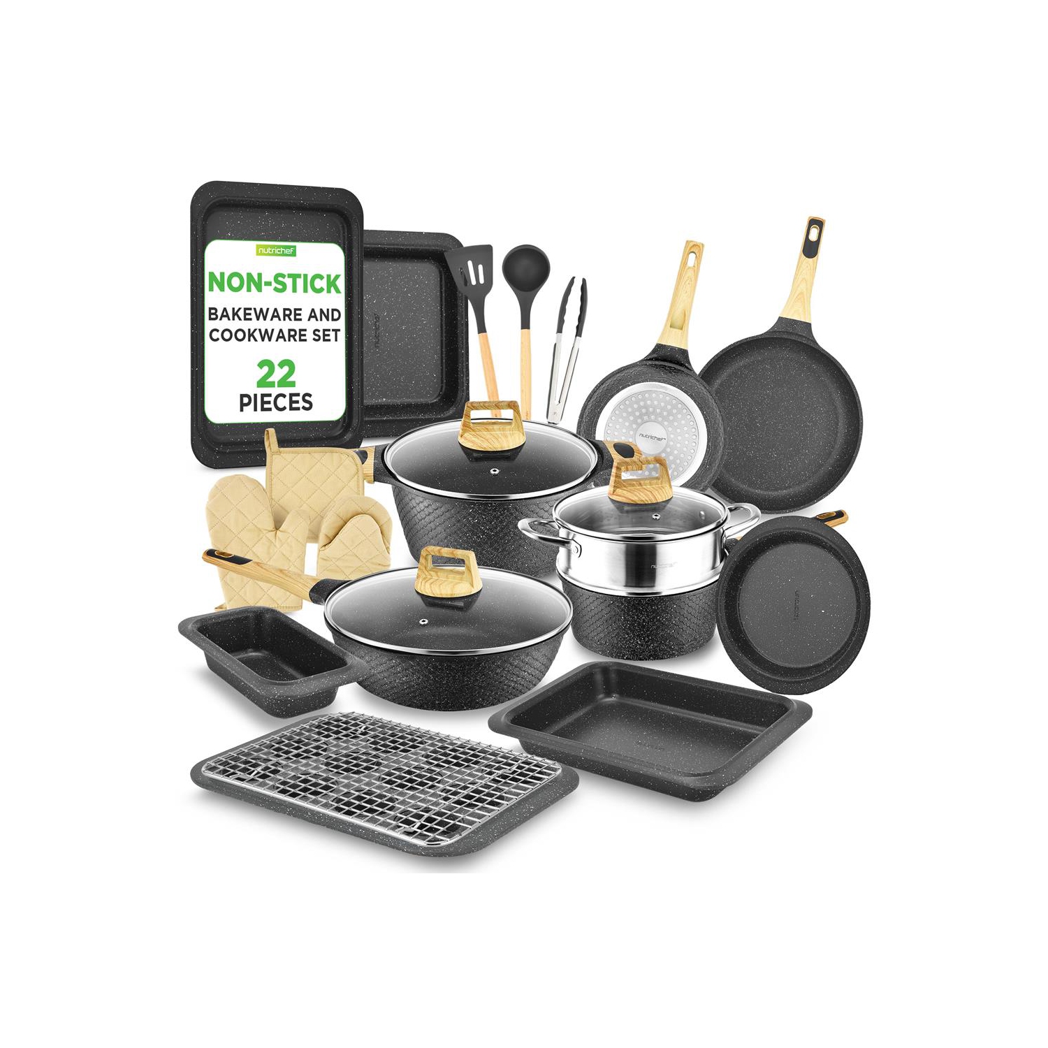NutriChef 22-Piece Black Marble Non-Stick Induction Cookware and Bakeware Set - Professional Home Kitchen Collection with Multi-Sized Pots, Pans, and