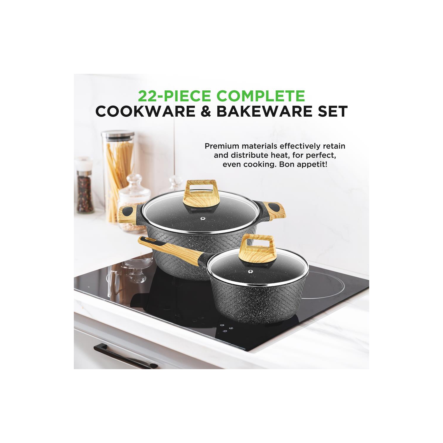 NutriChef 22-Piece Black Marble Non-Stick Induction Cookware and Bakeware Set - Professional Home Kitchen Collection with Multi-Sized Pots, Pans, and