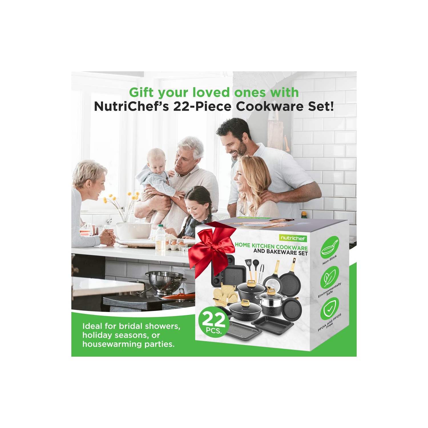 NutriChef 22-Piece Black Marble Non-Stick Induction Cookware and Bakeware Set - Professional Home Kitchen Collection with Multi-Sized Pots, Pans, and
