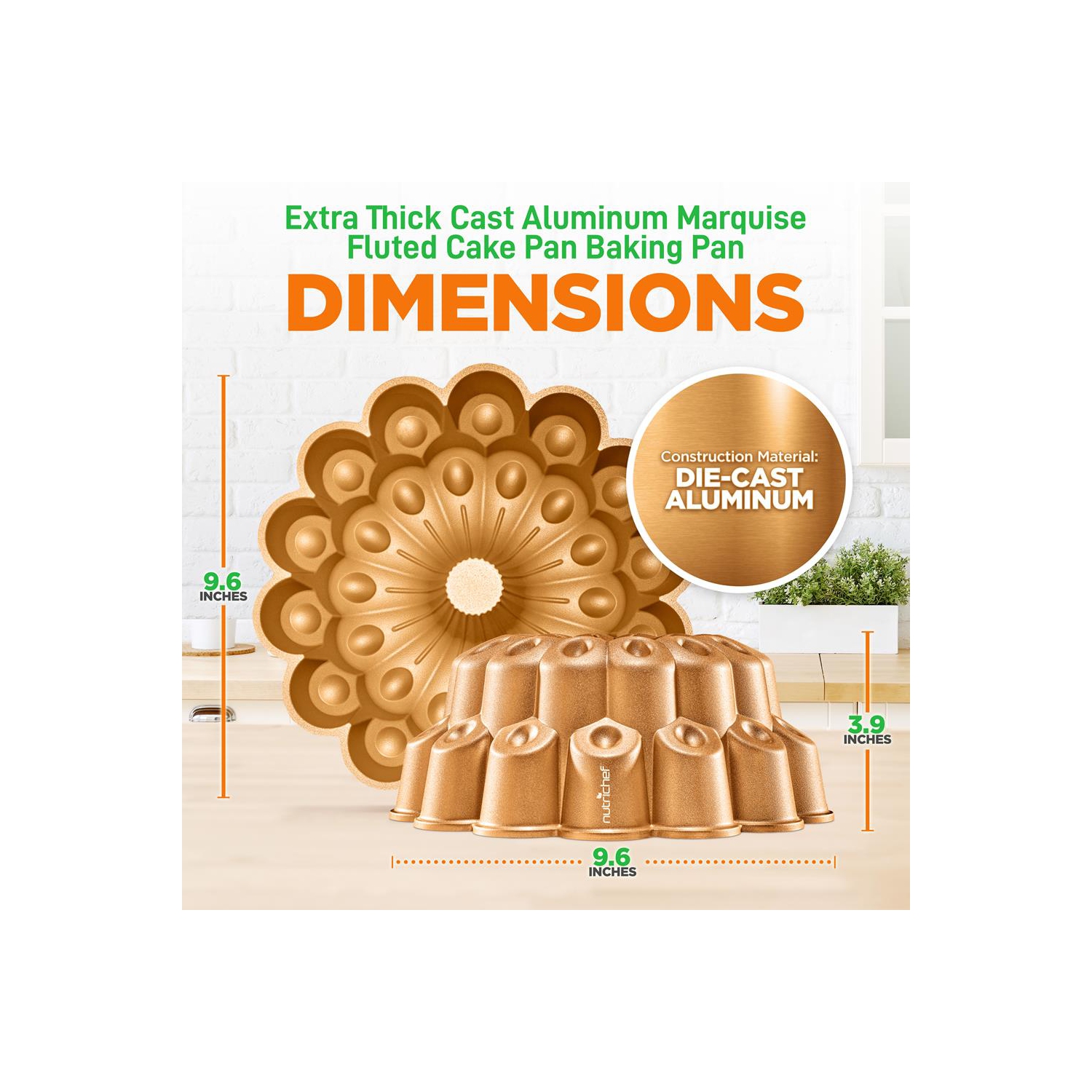 NutriChef, Bundt Cake Pan, Cake Pan, Marquise Fluted Bundt Pan, Nonstick Bakeware, Extra Thick Aluminum Easy Release, Uniform Baking and Browning,