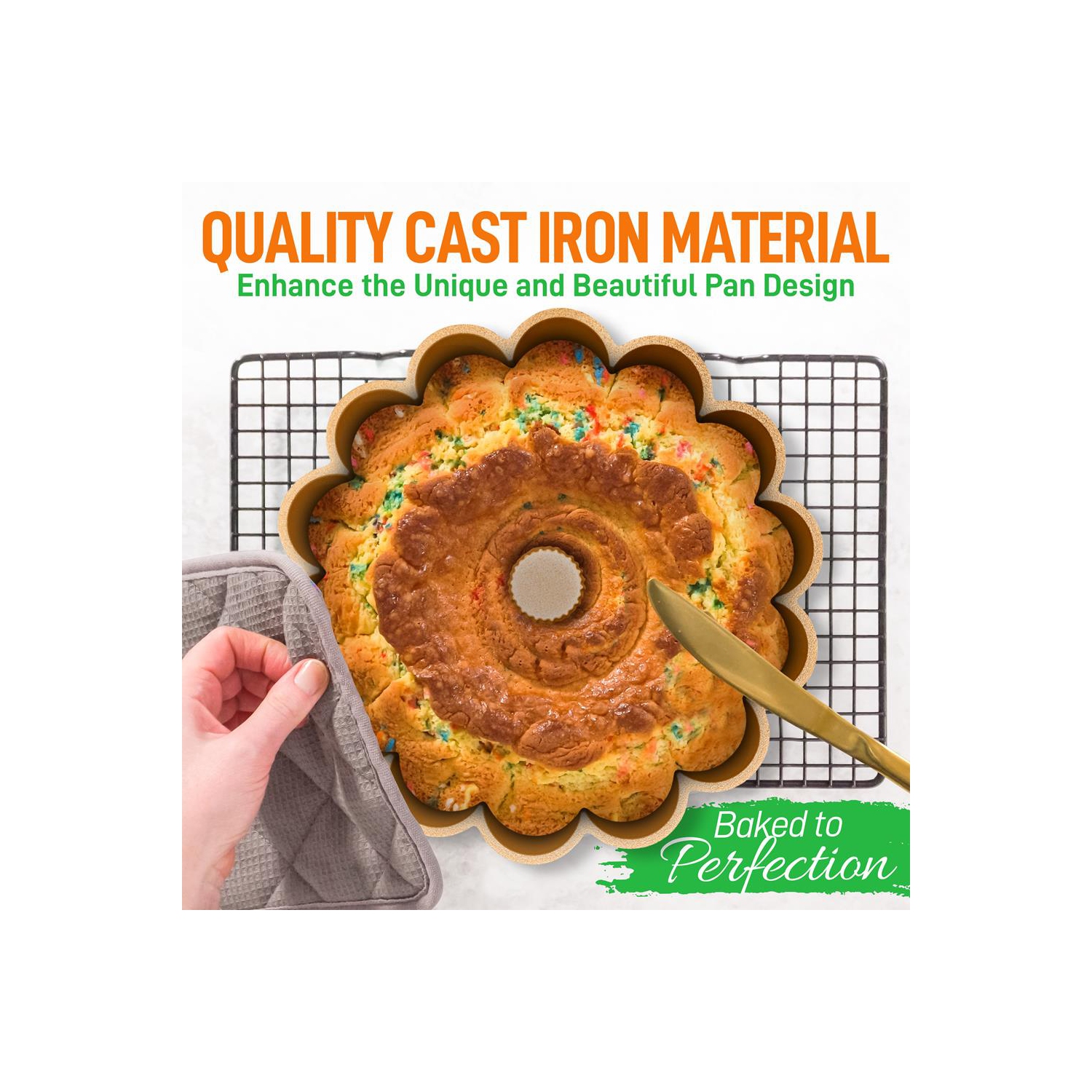 NutriChef, Bundt Cake Pan, Cake Pan, Marquise Fluted Bundt Pan, Nonstick Bakeware, Extra Thick Aluminum Easy Release, Uniform Baking and Browning,