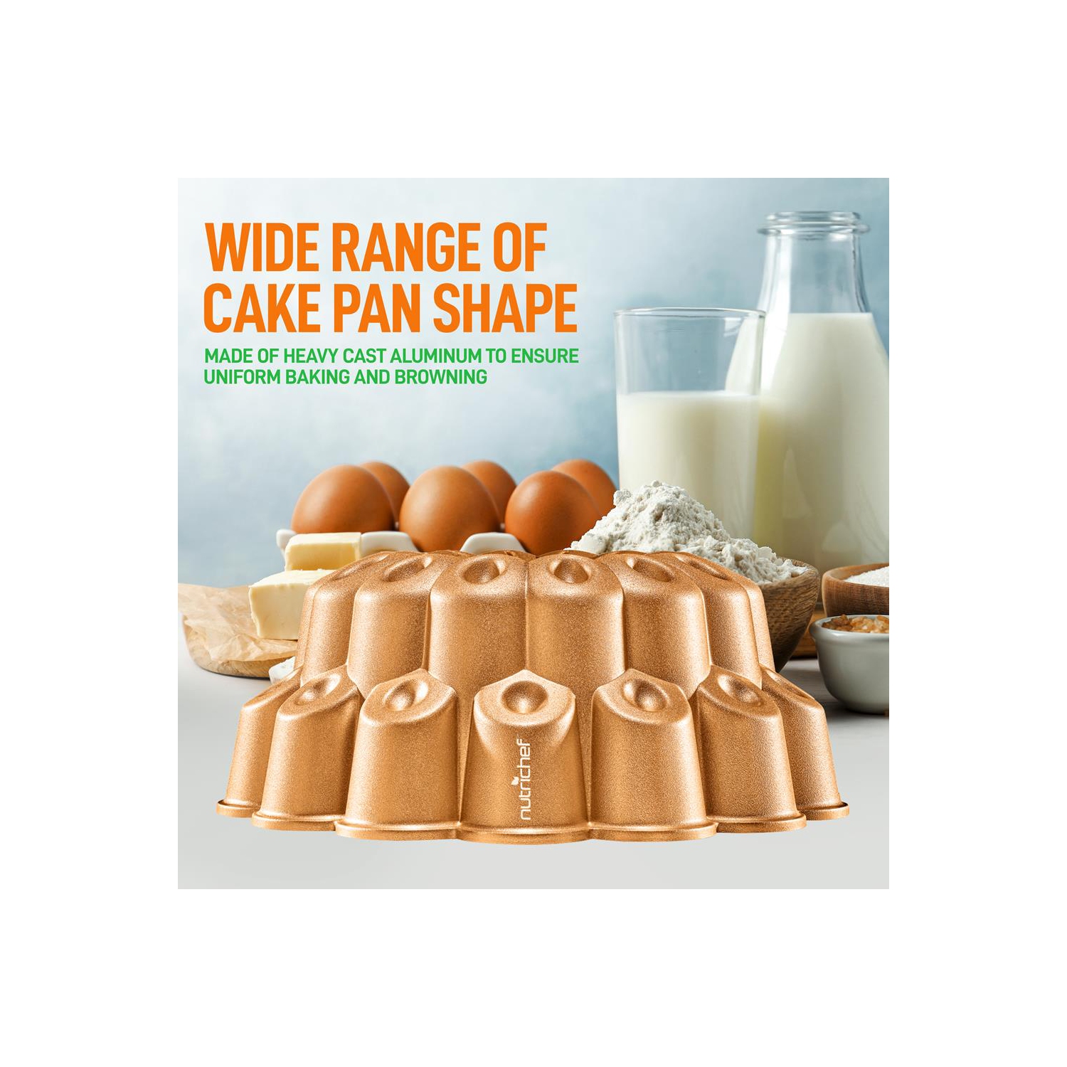 NutriChef, Bundt Cake Pan, Cake Pan, Marquise Fluted Bundt Pan, Nonstick Bakeware, Extra Thick Aluminum Easy Release, Uniform Baking and Browning,