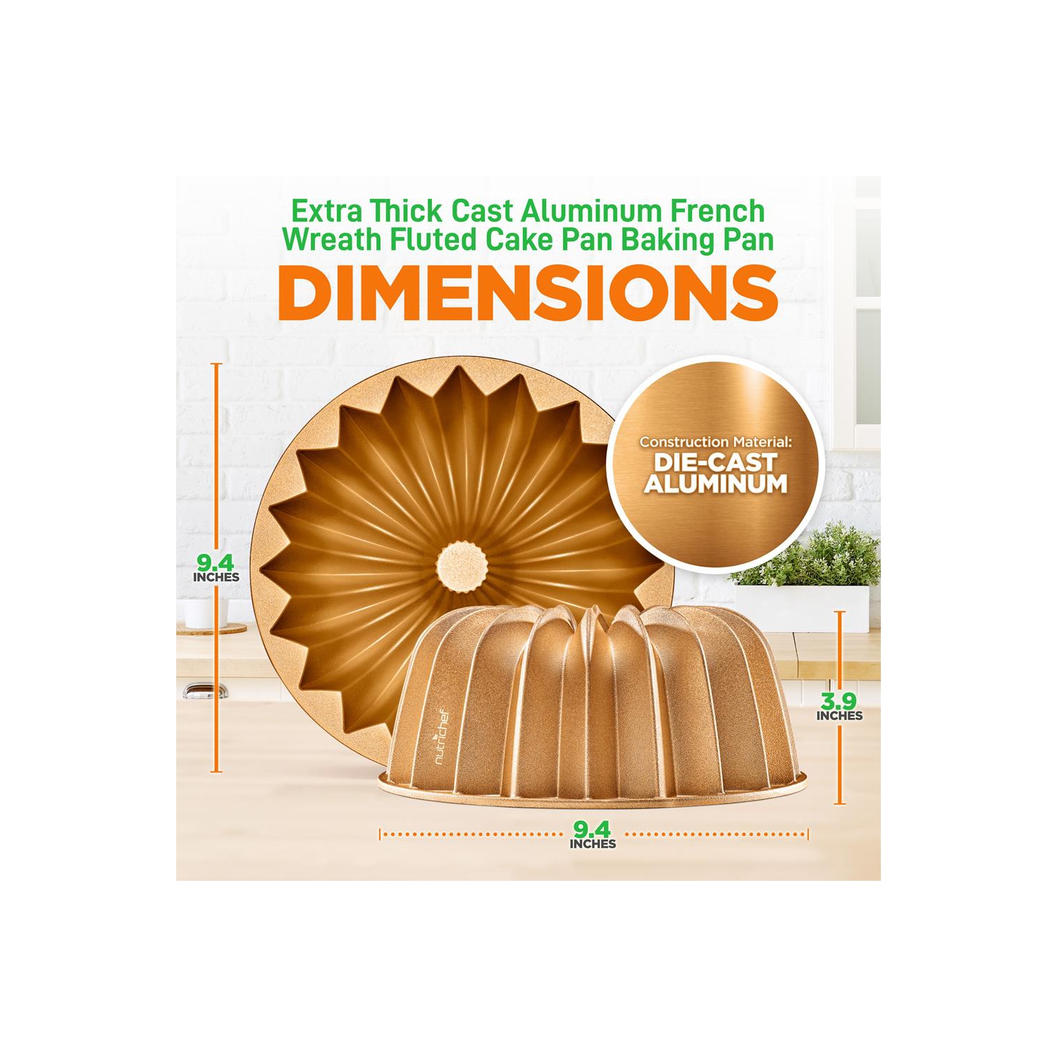 French Wreath Fluted Bundt Cake Pan, Extra Thick and Non Stick Aluminum Bakeware with 2 Layers of Non Stick Coating for Easier Release, Uniform