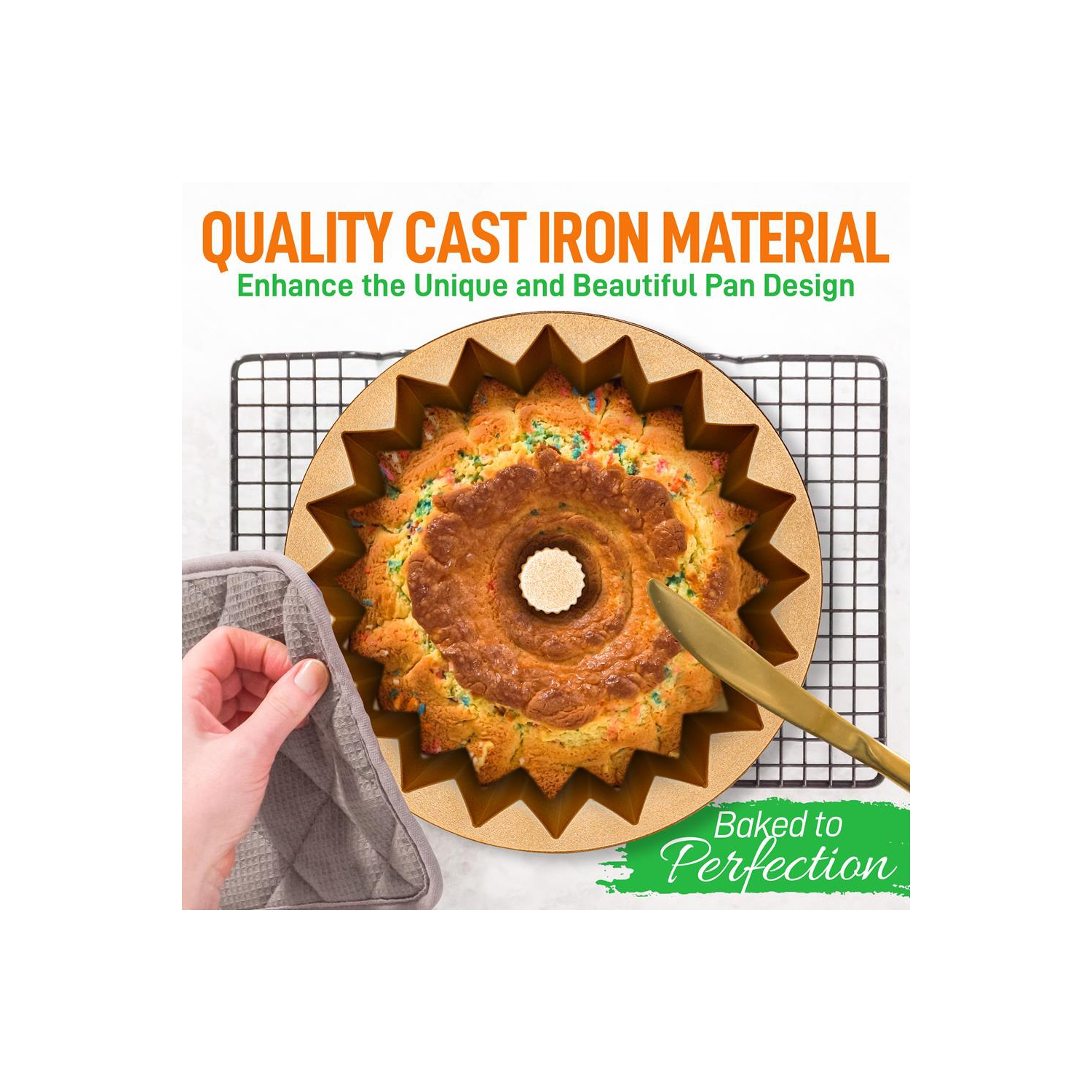 French Wreath Fluted Bundt Cake Pan, Extra Thick and Non Stick Aluminum Bakeware with 2 Layers of Non Stick Coating for Easier Release, Uniform