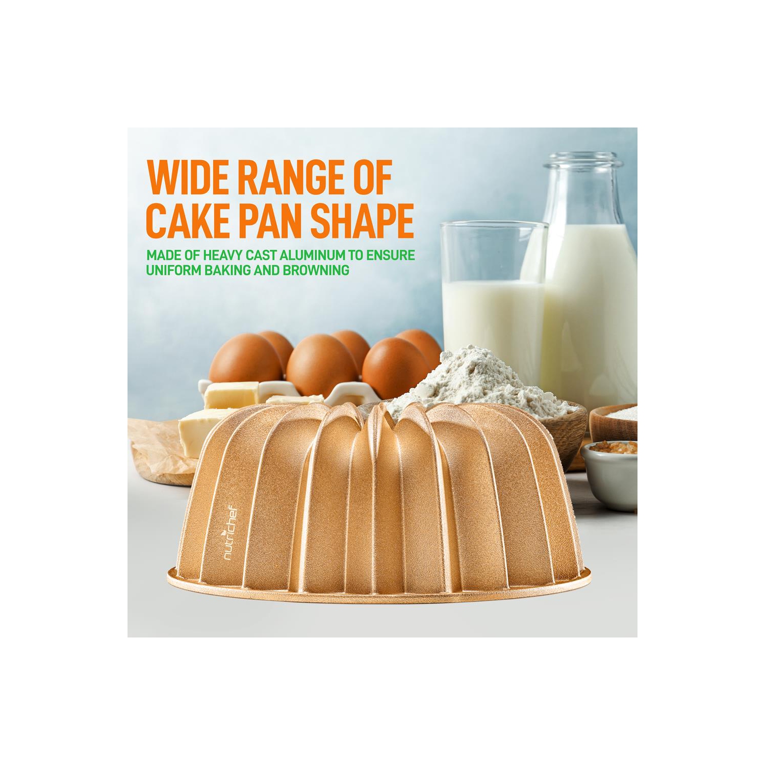 French Wreath Fluted Bundt Cake Pan, Extra Thick and Non Stick Aluminum Bakeware with 2 Layers of Non Stick Coating for Easier Release, Uniform