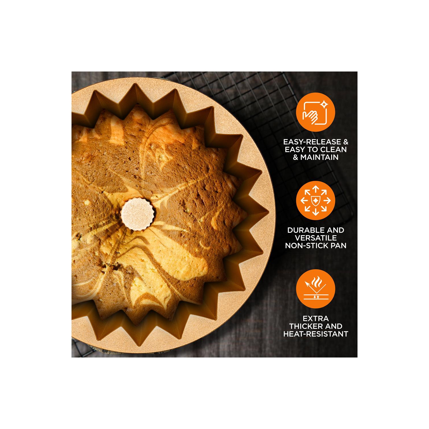 French Wreath Fluted Bundt Cake Pan, Extra Thick and Non Stick Aluminum Bakeware with 2 Layers of Non Stick Coating for Easier Release, Uniform