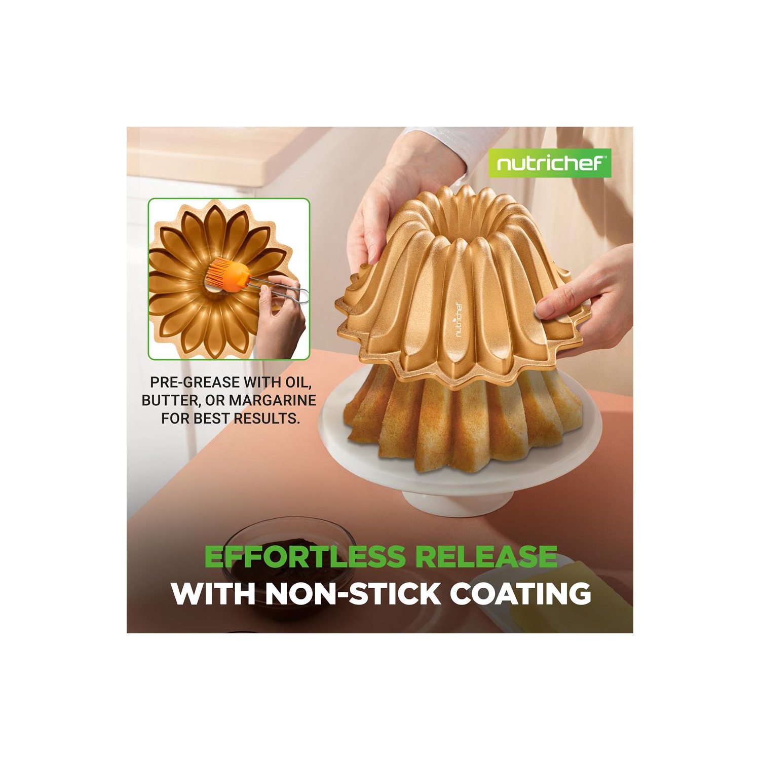 NutriChef, Bundt Cake Pan, Cake Pan, Spring Water Fluted Bundt Pan, Nonstick Bakeware, Extra Thick Aluminum Easy Release, Uniform Baking and