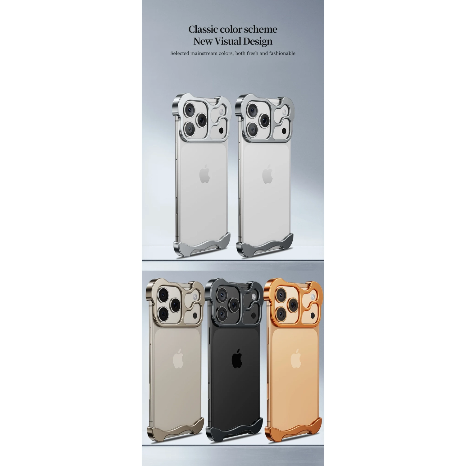 Compatible with iPhone 17 Pro Max, Frameless, Metal Corner Pad, Aluminum Alloy Case with Nude Lens Case - Gray