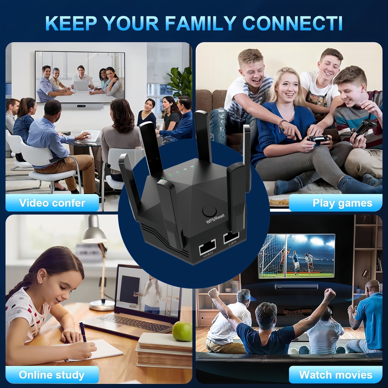 WiFi Extender Signal Booster, 6 Antennas WiFi Booster, Up to 10000 sq.ft Coverage, 1200Mbps Dual Band 5GHz/2.4GHz