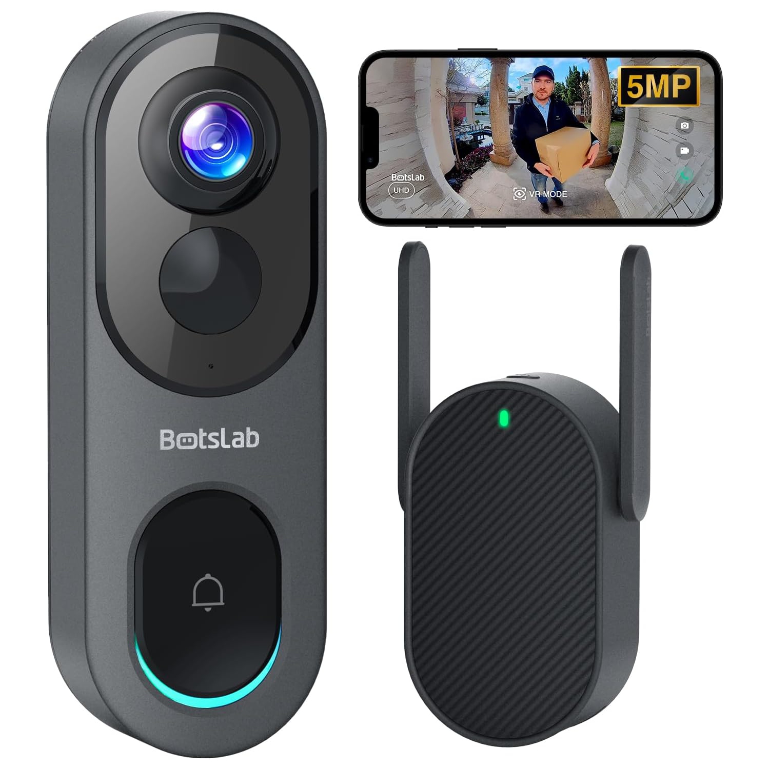 Doorbell Camera Wireless Outdoor, BOTSLAB 5MP 1:1 Head-to-Toe with 180° View, No Monthly Fee, 2-Way Audio, AI/Rader/PIR Detection, 2.4&5GHz WiFi,