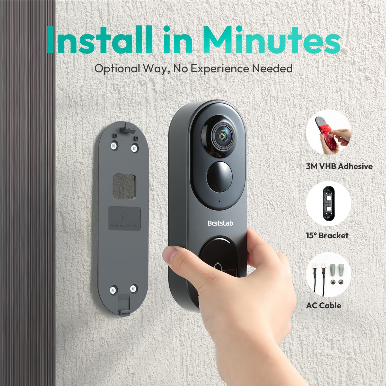Doorbell Camera Wireless Outdoor, BOTSLAB 5MP 1:1 Head-to-Toe with 180° View, No Monthly Fee, 2-Way Audio, AI/Rader/PIR Detection, 2.4&5GHz WiFi,