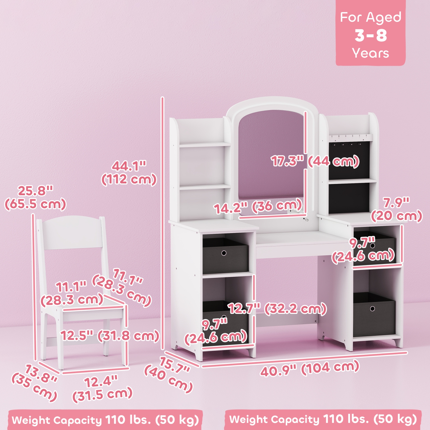 Qaba Kids Vanity Set with Lighted Mirror and Stool, Girls Vanity Table Desk and Chair with LED, Cabinet, Fabric Bins, Shelves and Jewellery Hooks,