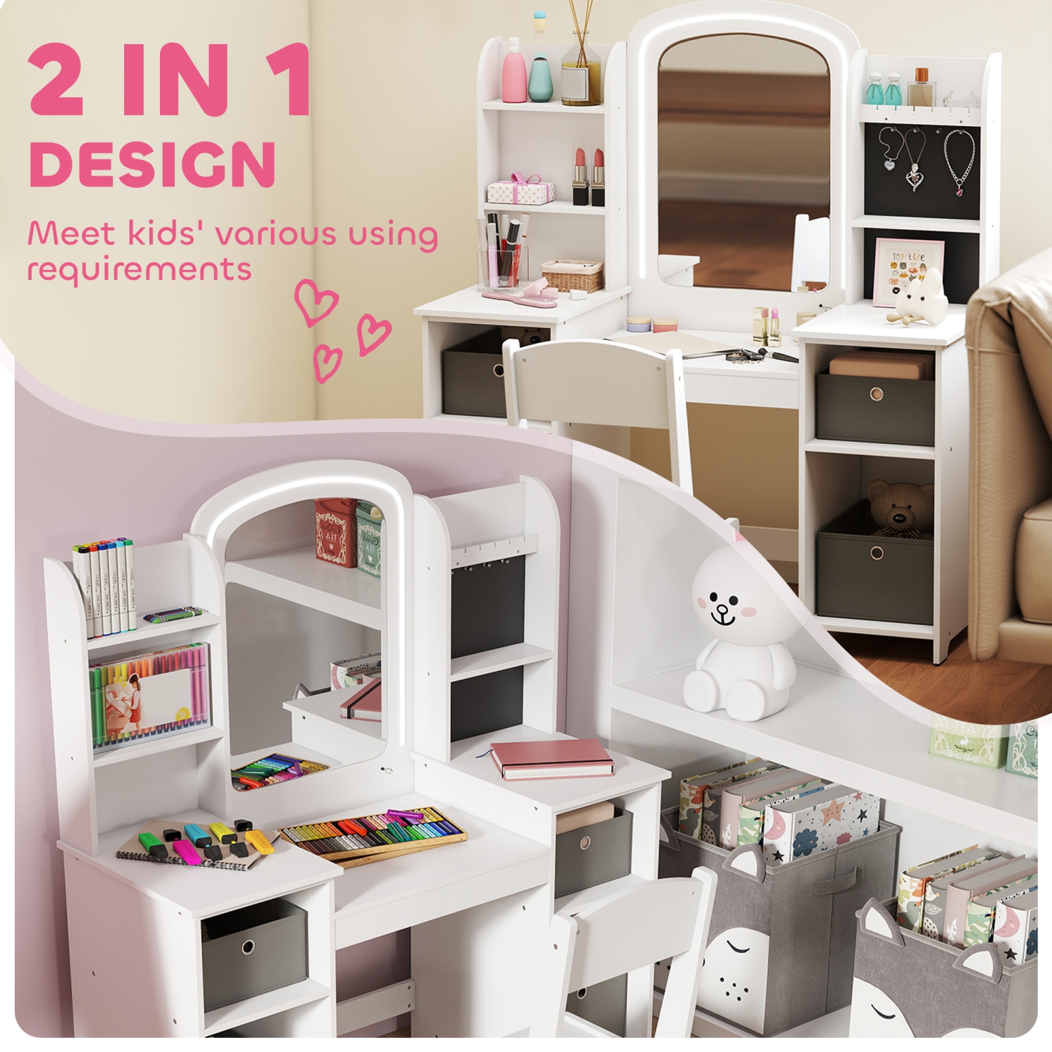 Qaba Kids Vanity Set with Lighted Mirror and Stool, Girls Vanity Table Desk and Chair with LED, Cabinet, Fabric Bins, Shelves and Jewellery Hooks,