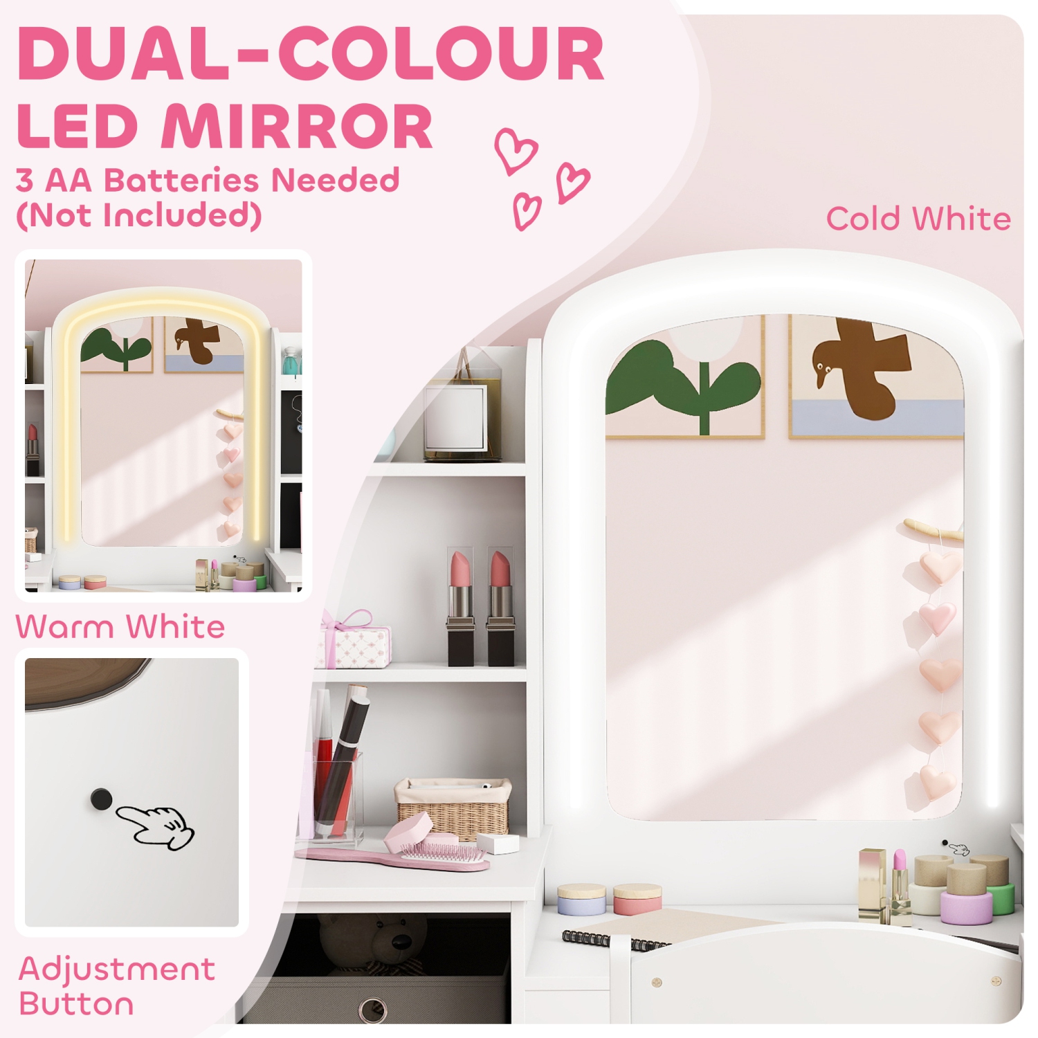 Qaba Kids Vanity Set with Lighted Mirror and Stool, Girls Vanity Table Desk and Chair with LED, Cabinet, Fabric Bins, Shelves and Jewellery Hooks,
