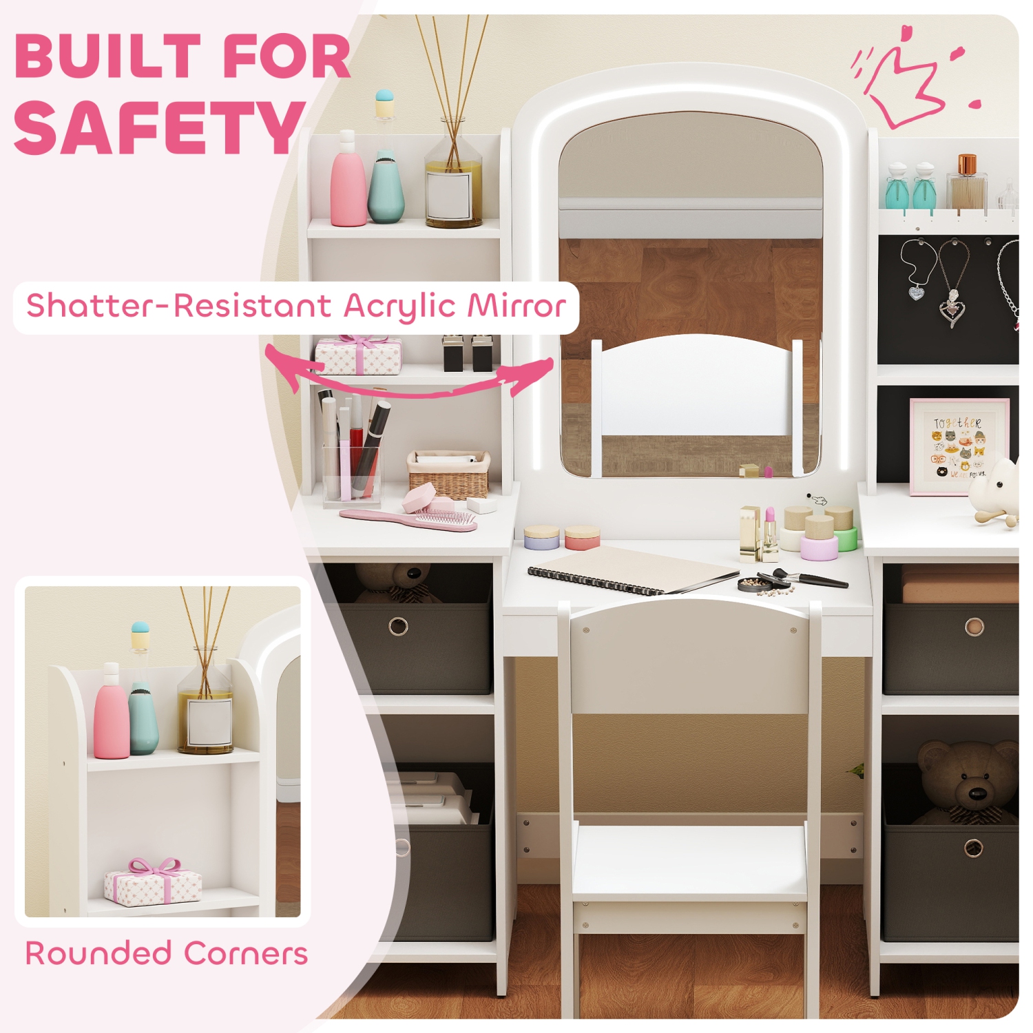 Qaba Kids Vanity Set with Lighted Mirror and Stool, Girls Vanity Table Desk and Chair with LED, Cabinet, Fabric Bins, Shelves and Jewellery Hooks,