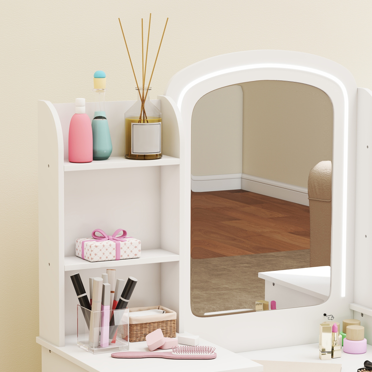 Qaba Kids Vanity Set with Lighted Mirror and Stool, Girls Vanity Table Desk and Chair with LED, Cabinet, Fabric Bins, Shelves and Jewellery Hooks,