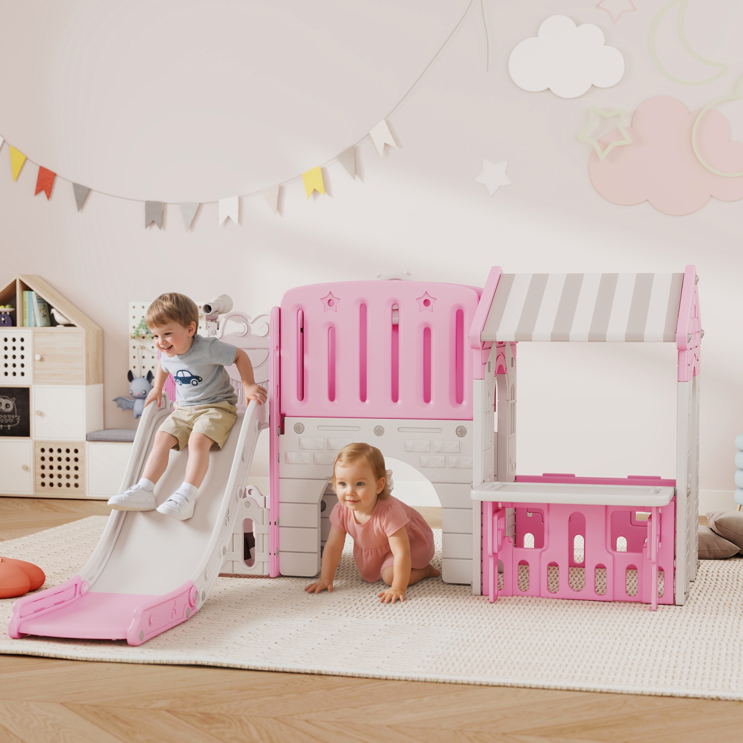 Qaba 7-in-1 Toddler Slide with Playhouse, Kids Slide Climber Playset with Basketball Hoop and Tunnel for Age 1-4 Years Indoor Play, Pink