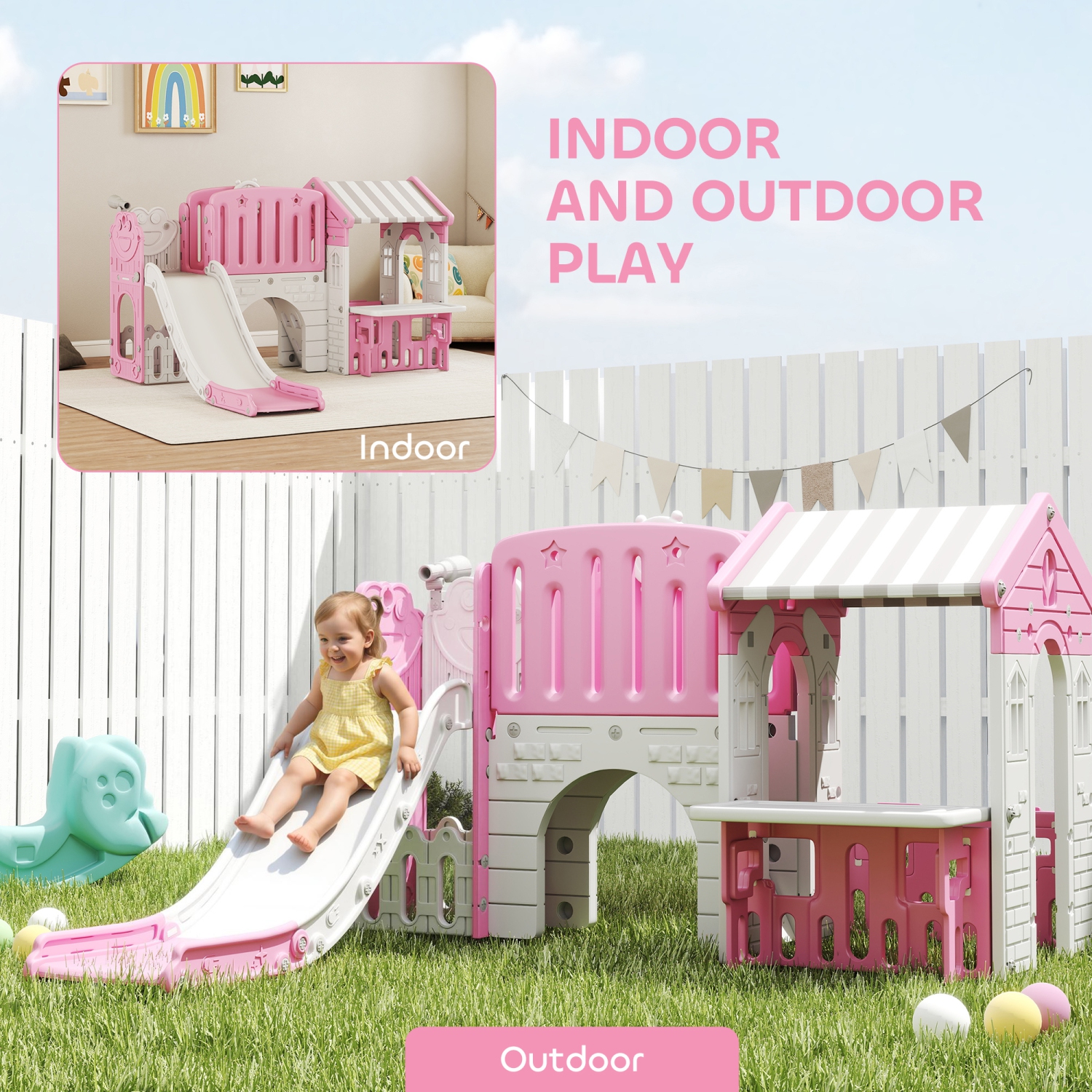 Qaba 7-in-1 Toddler Slide with Playhouse, Kids Slide Climber Playset with Basketball Hoop and Tunnel for Age 1-4 Years Indoor Play, Pink