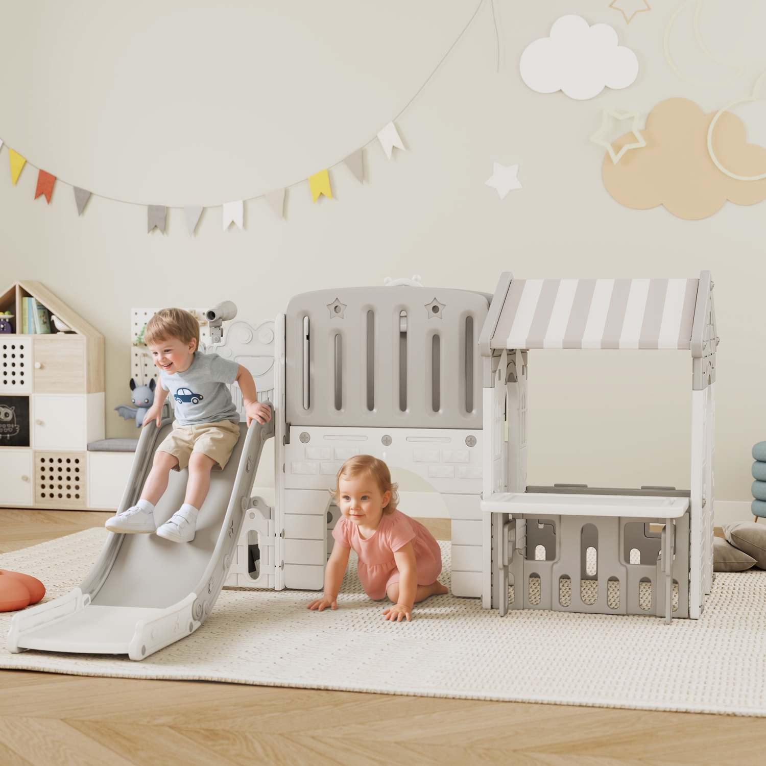 Qaba 7-in-1 Toddler Slide with Playhouse, Kids Slide Climber Playset with Basketball Hoop and Tunnel for Age 1-4 Years Indoor Play, Grey