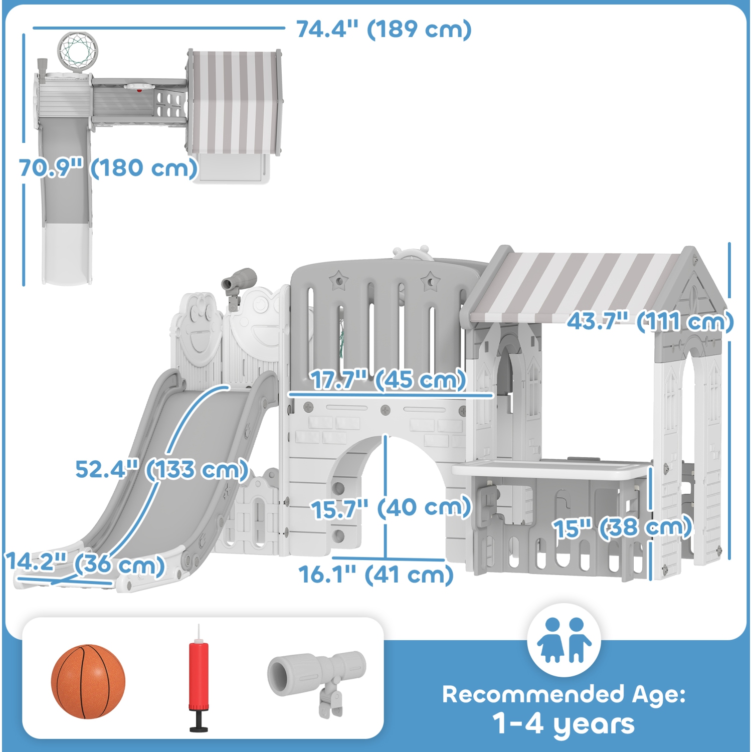 Qaba 7-in-1 Toddler Slide with Playhouse, Kids Slide Climber Playset with Basketball Hoop and Tunnel for Age 1-4 Years Indoor Play, Grey