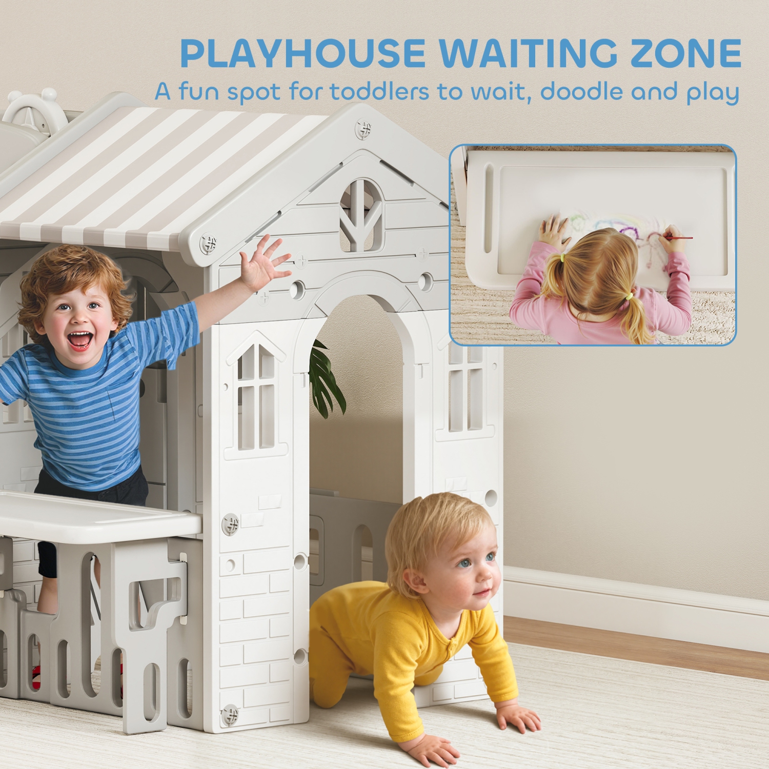 Qaba 7-in-1 Toddler Slide with Playhouse, Kids Slide Climber Playset with Basketball Hoop and Tunnel for Age 1-4 Years Indoor Play, Grey