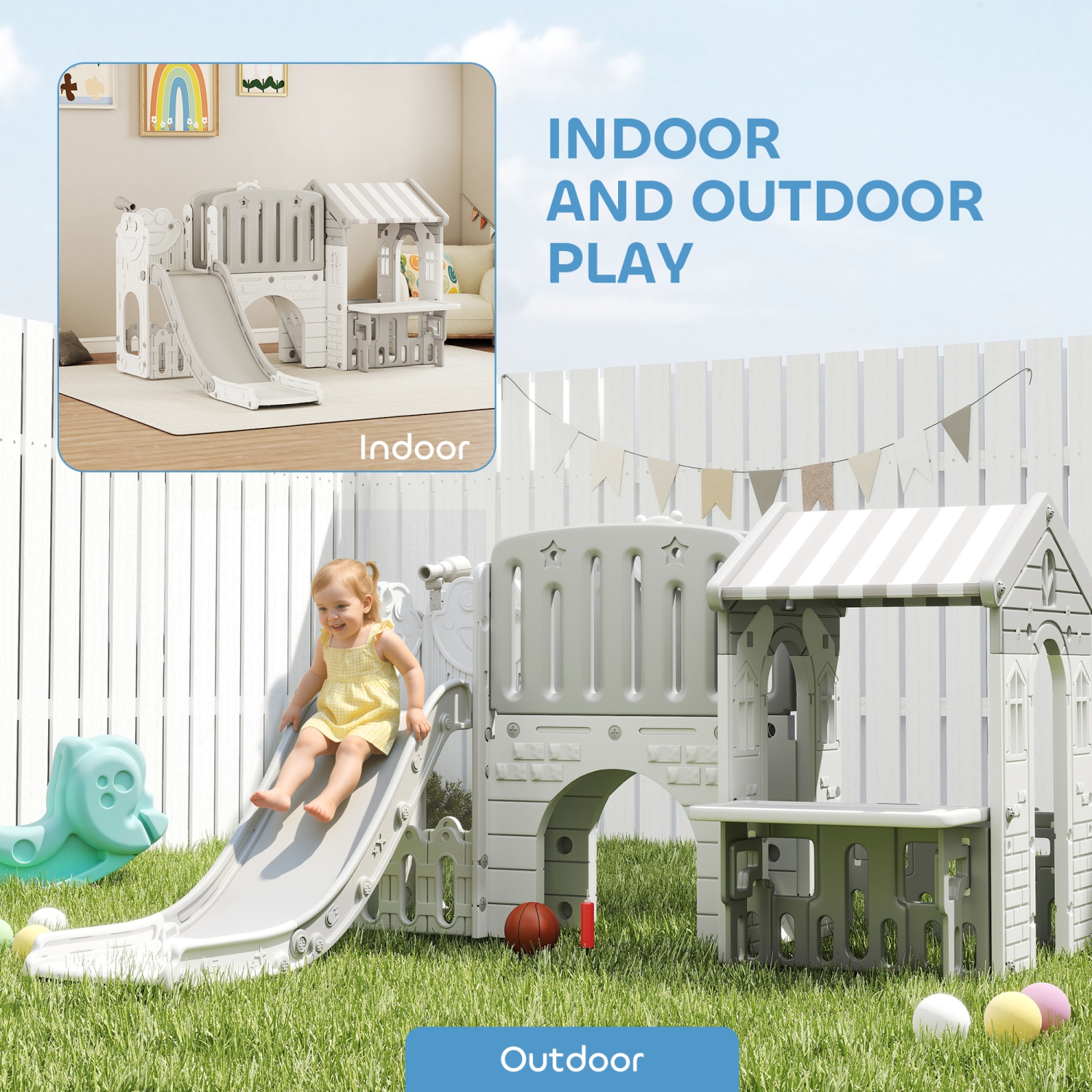 Qaba 7-in-1 Toddler Slide with Playhouse, Kids Slide Climber Playset with Basketball Hoop and Tunnel for Age 1-4 Years Indoor Play, Grey