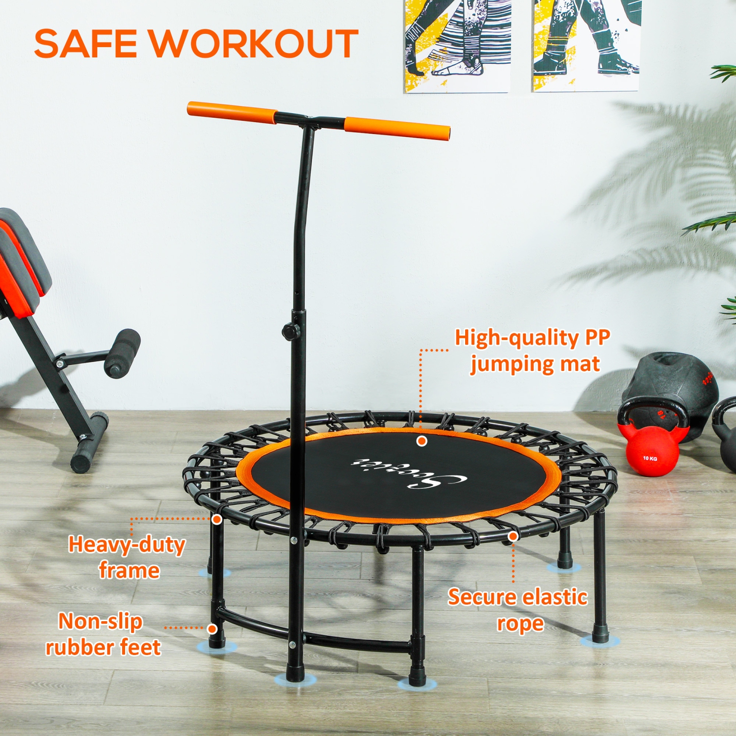 Soozier 39" Mini Exercise Trampoline Indoor Fitness Rebounder w/ Adjustable T-Bar Orange
