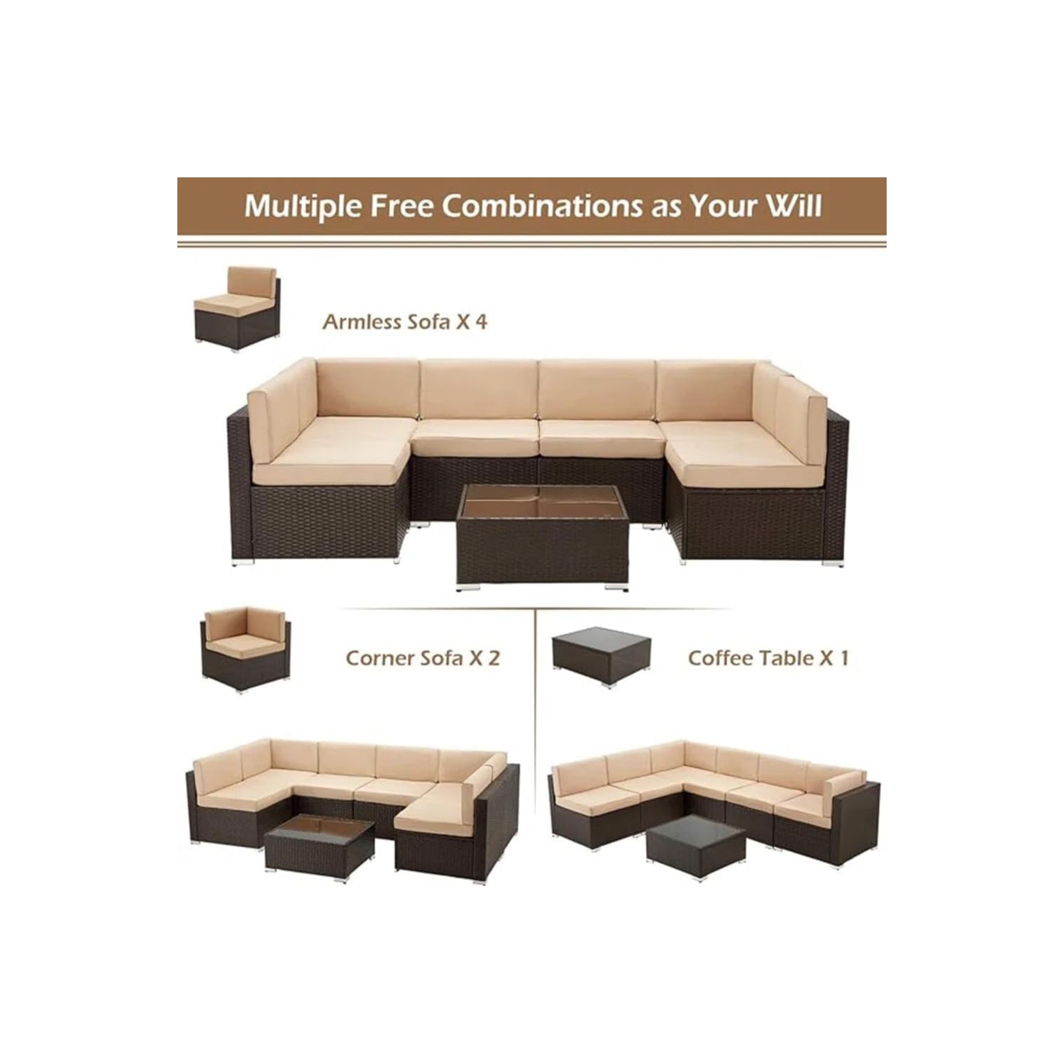 AECOJOY 7 Piece Outdoor Patio Furniture Set with Extra 43 Inch Fire Pit Table, PE Rattan Wicker Sofa Set, Brown Rattan&Beige Cushion