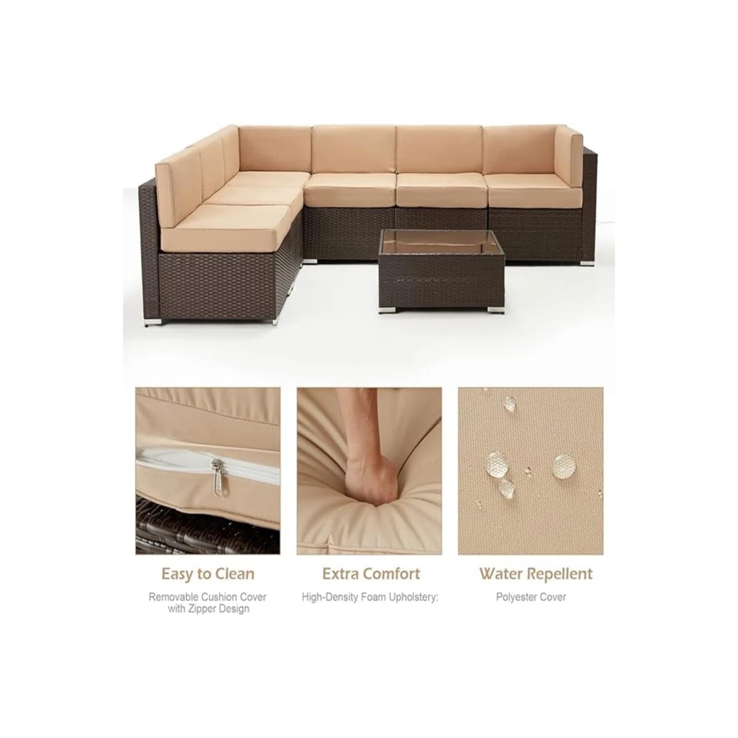 AECOJOY 7 Piece Outdoor Patio Furniture Set with Extra 43 Inch Fire Pit Table, PE Rattan Wicker Sofa Set, Brown Rattan&Beige Cushion