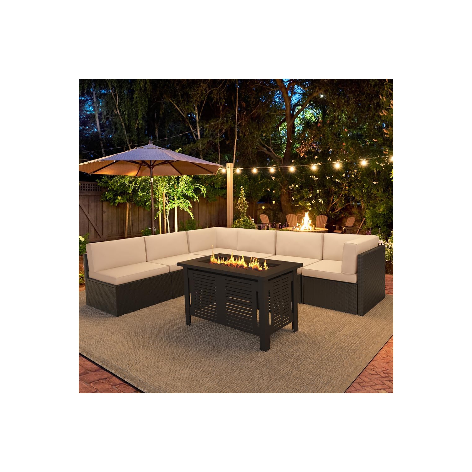 AECOJOY 7 Piece Outdoor Patio Furniture Set with Extra 43 Inch Fire Pit Table, PE Rattan Wicker Sofa Set, Brown Rattan&Beige Cushion