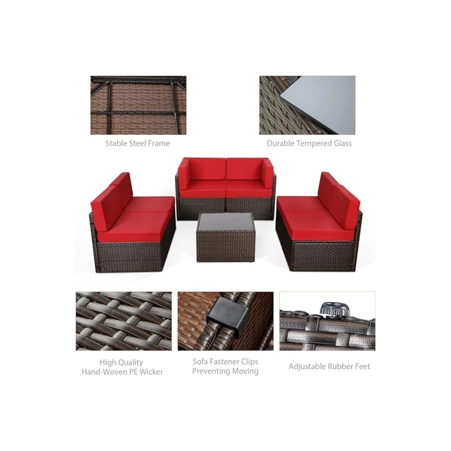 AECOJOY 7 Piece Outdoor Patio Furniture Set with Extra 43 Inch Fire Pit Table, PE Rattan Wicker Sofa Set, Brown Rattan&Red Cushion