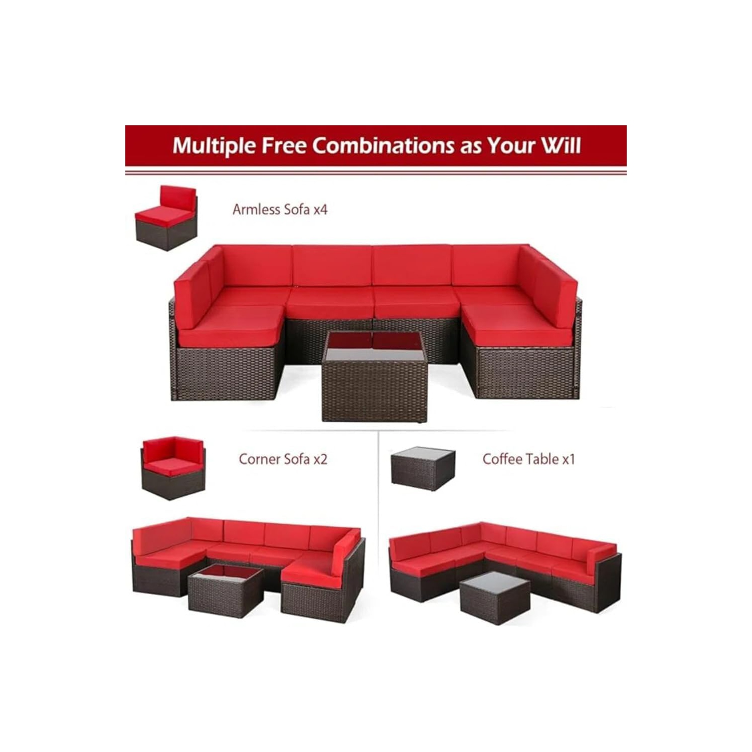 AECOJOY 7 Piece Outdoor Patio Furniture Set with Extra 43 Inch Fire Pit Table, PE Rattan Wicker Sofa Set, Brown Rattan&Red Cushion