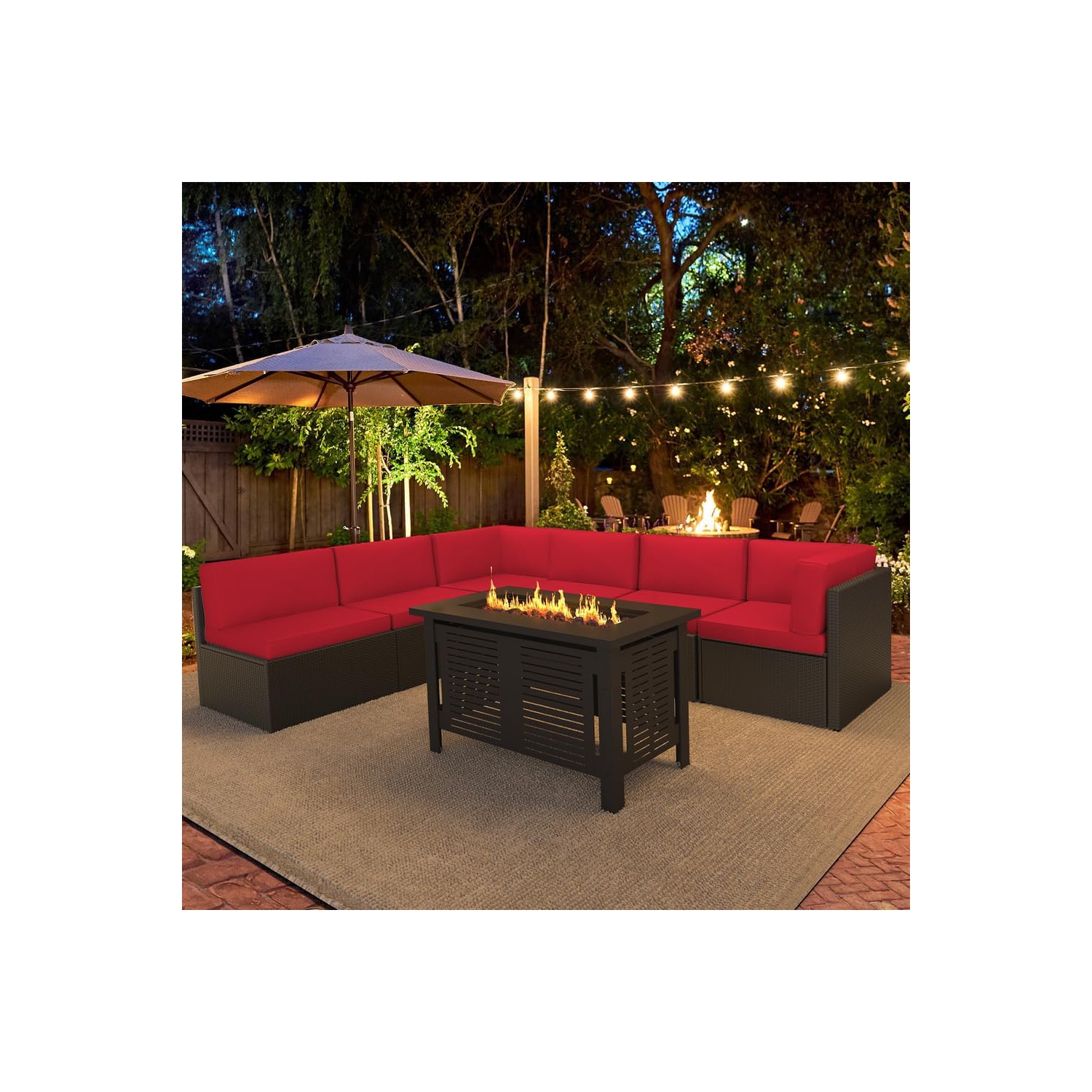 AECOJOY 7 Piece Outdoor Patio Furniture Set with Extra 43 Inch Fire Pit Table, PE Rattan Wicker Sofa Set, Brown Rattan&Red Cushion