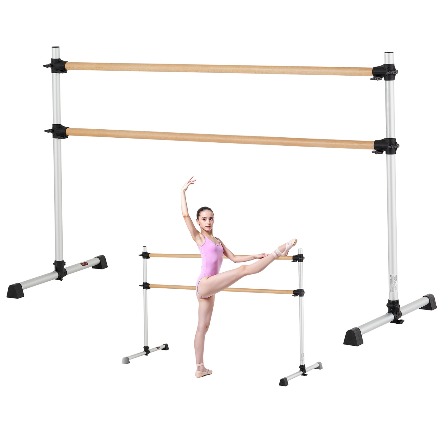 VEVOR 6 Ft Ballet Barre,Double Beechwood Barre Bar, Freestanding Portable Ballet Stretching Dance Bars, Height Adjustable Anti-Wobble Fitness Gym