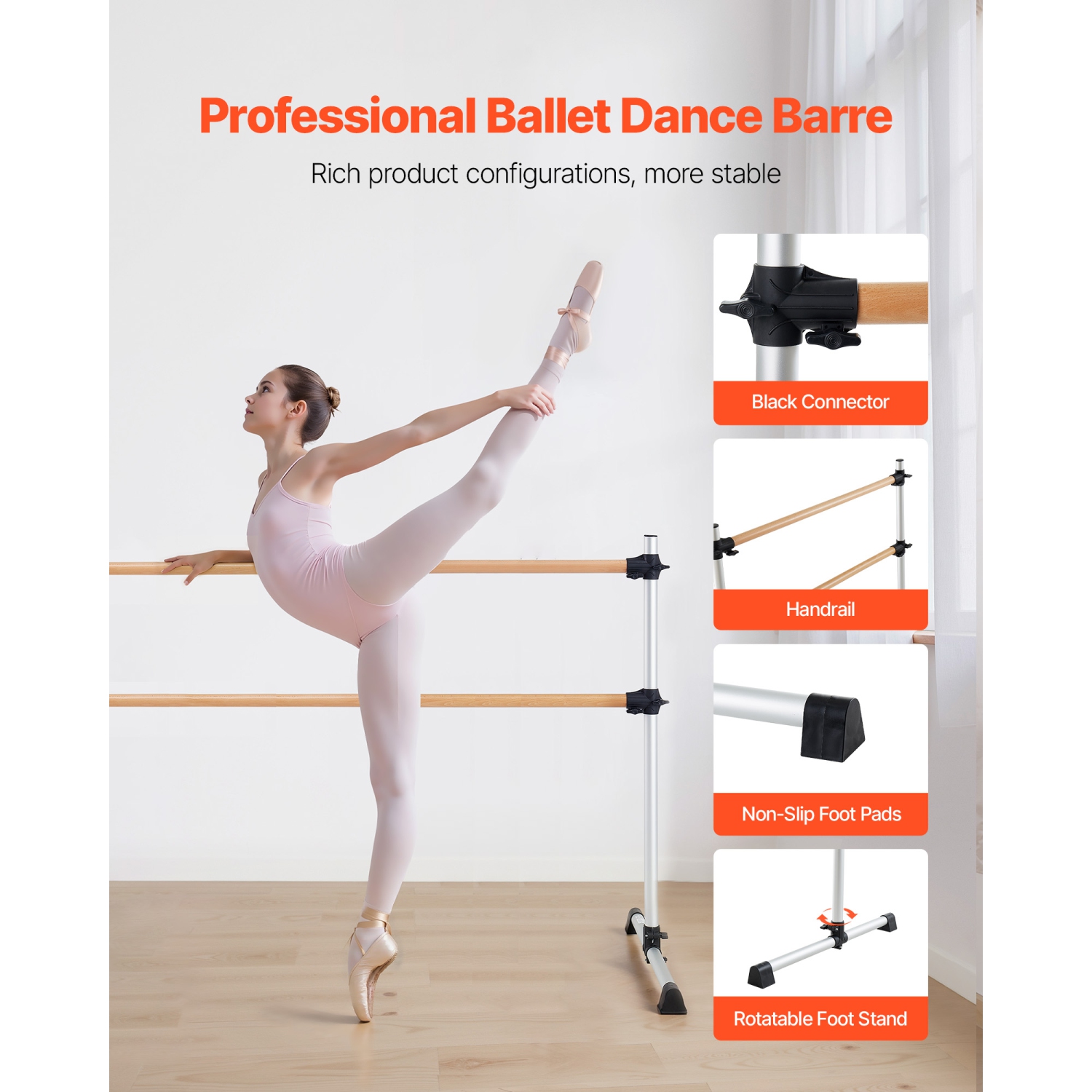 VEVOR 6 Ft Ballet Barre,Double Beechwood Barre Bar, Freestanding Portable Ballet Stretching Dance Bars, Height Adjustable Anti-Wobble Fitness Gym