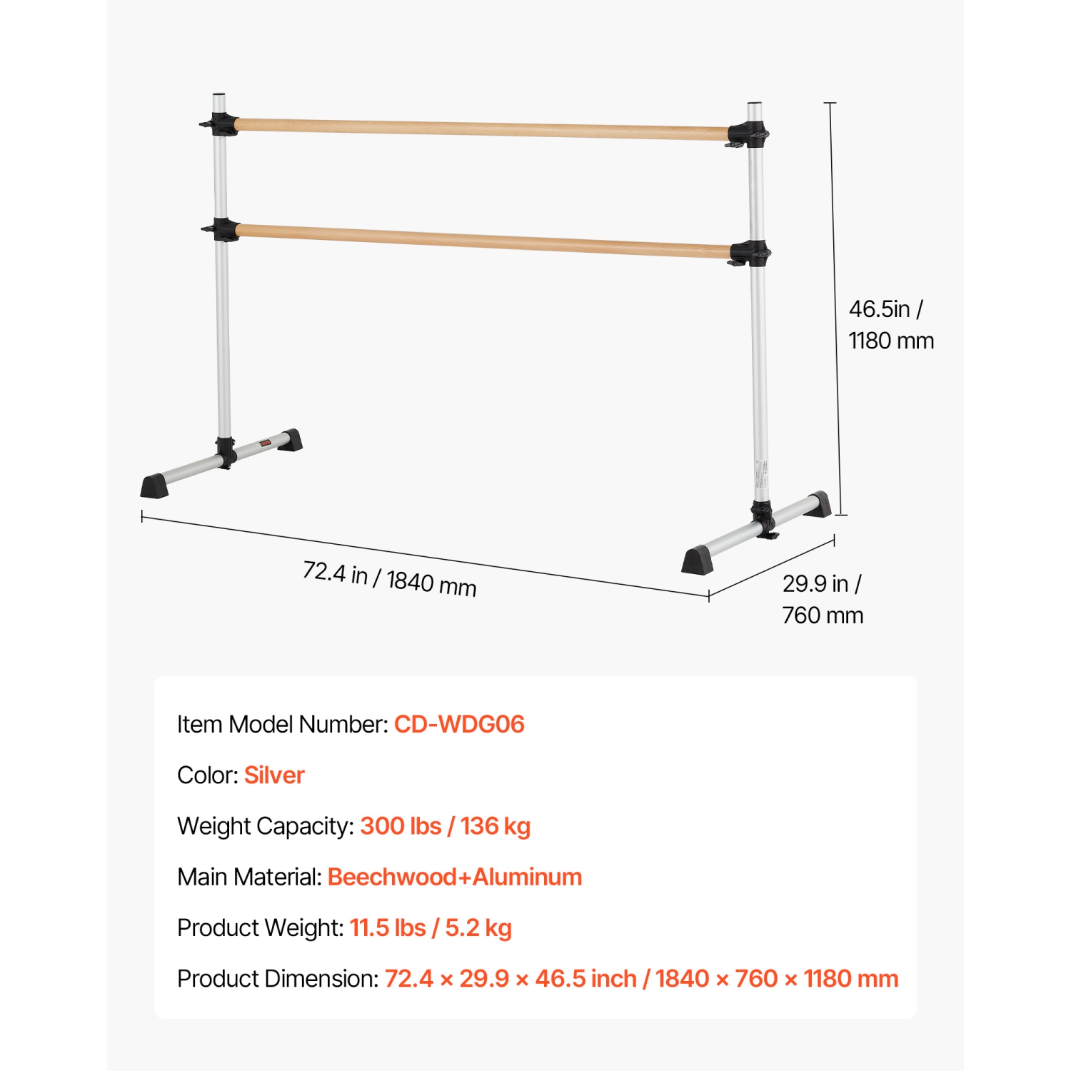 VEVOR 6 Ft Ballet Barre,Double Beechwood Barre Bar, Freestanding Portable Ballet Stretching Dance Bars, Height Adjustable Anti-Wobble Fitness Gym