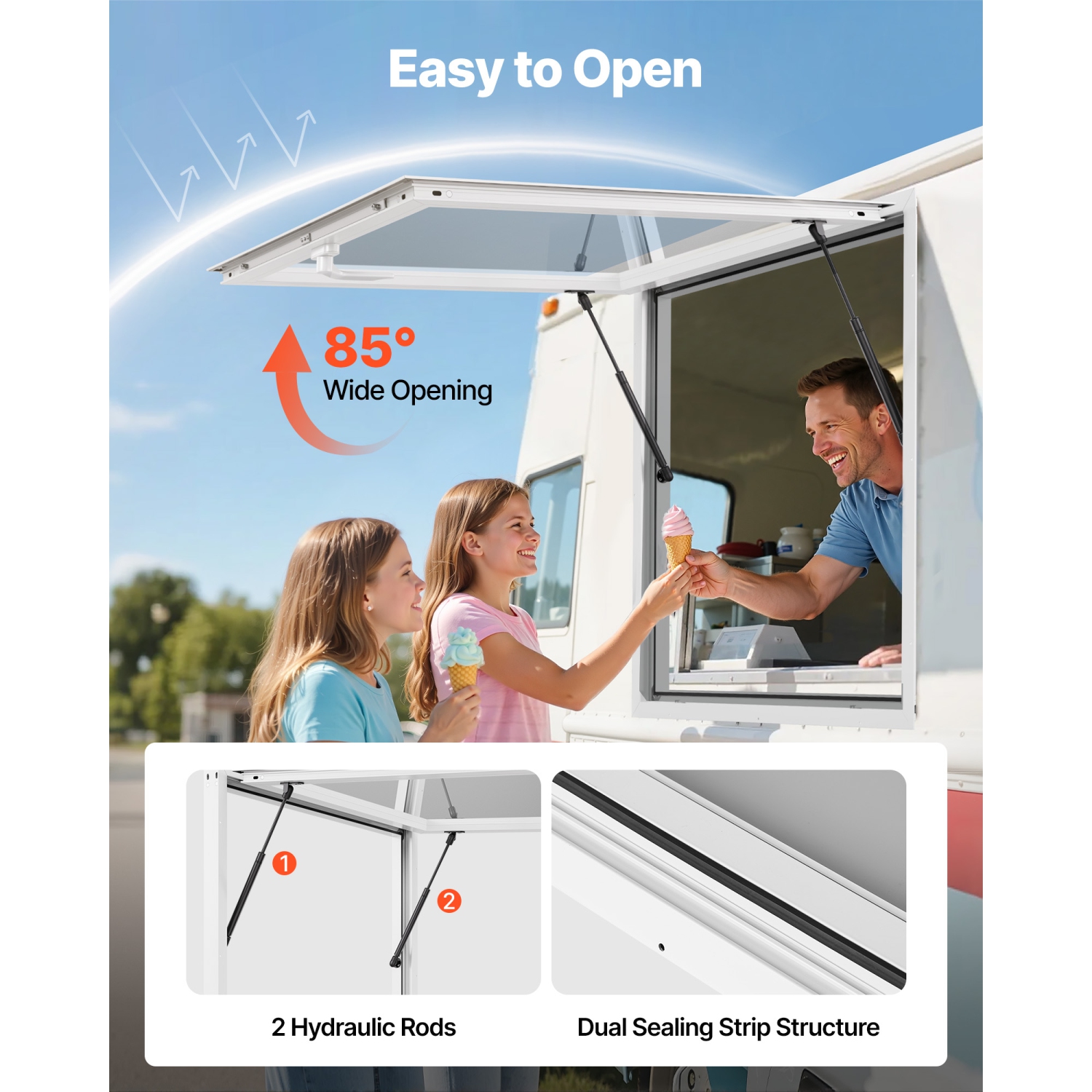 VEVOR 36x36 in Concession Window, Aluminum Alloy Frame Service Window for Food Truck, Up to 85 Degrees Stand Serving Window with Awning Door and Drag