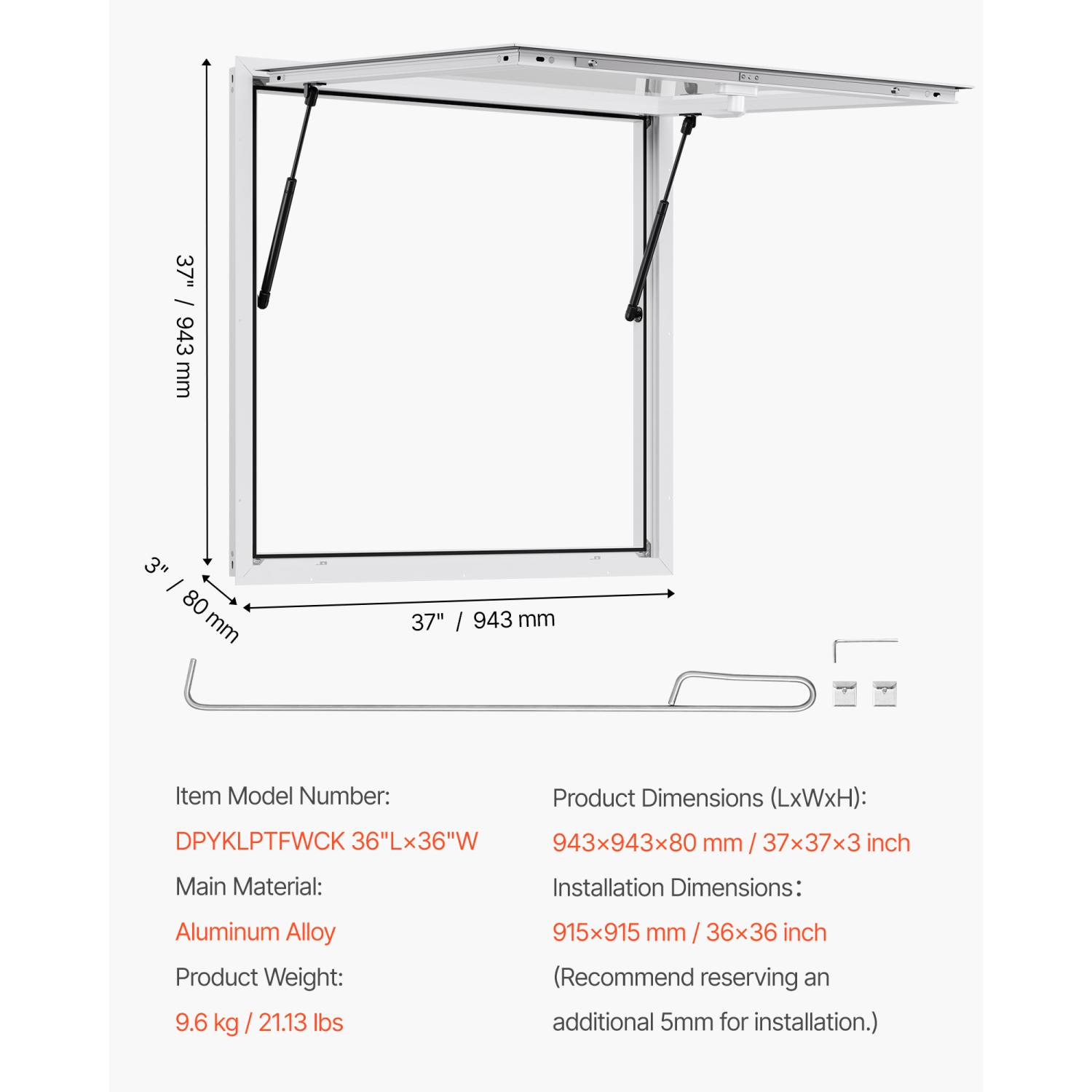 VEVOR 36x36 in Concession Window, Aluminum Alloy Frame Service Window for Food Truck, Up to 85 Degrees Stand Serving Window with Awning Door and Drag