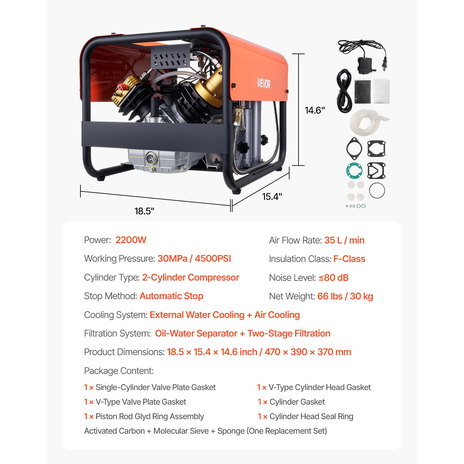 VEVOR 4500PSI/30Mpa PCP Air Compressor,Diving Scuba Tank Air Compressor, Double-Cylinder Auto Stop PCP Diving Compressor with External Water & Fan