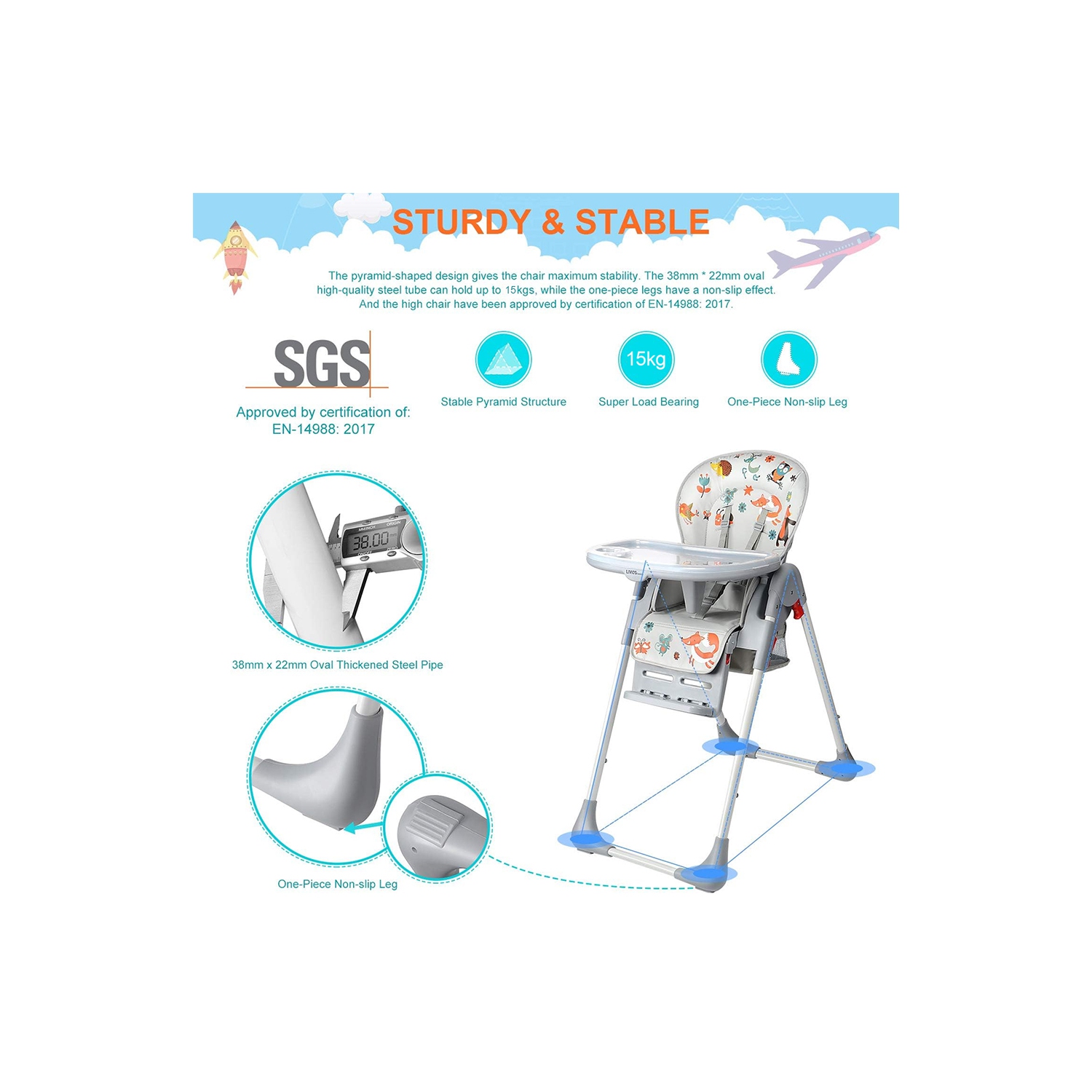 Baby High Chair, Foldable Dining Chair with Storage Basket, Adjustable Seat Height, Food Tray and Footrest, 3 Reclining Backrest