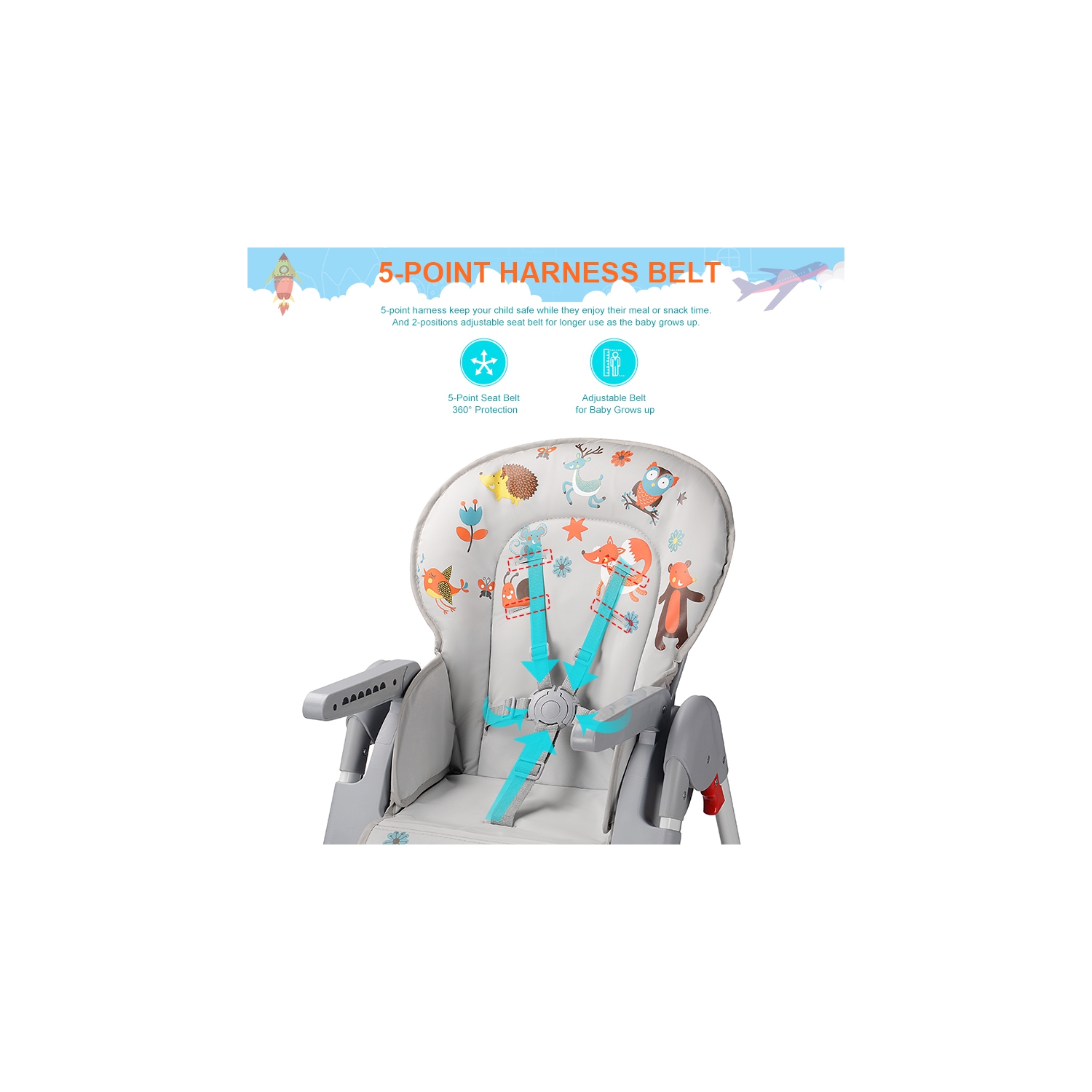 Baby High Chair, Foldable Dining Chair with Storage Basket, Adjustable Seat Height, Food Tray and Footrest, 3 Reclining Backrest