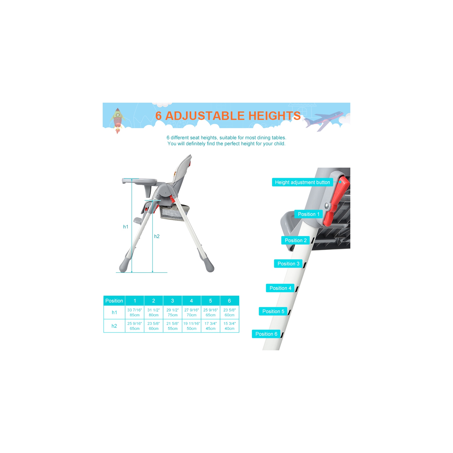 Baby High Chair, Foldable Dining Chair with Storage Basket, Adjustable Seat Height, Food Tray and Footrest, 3 Reclining Backrest