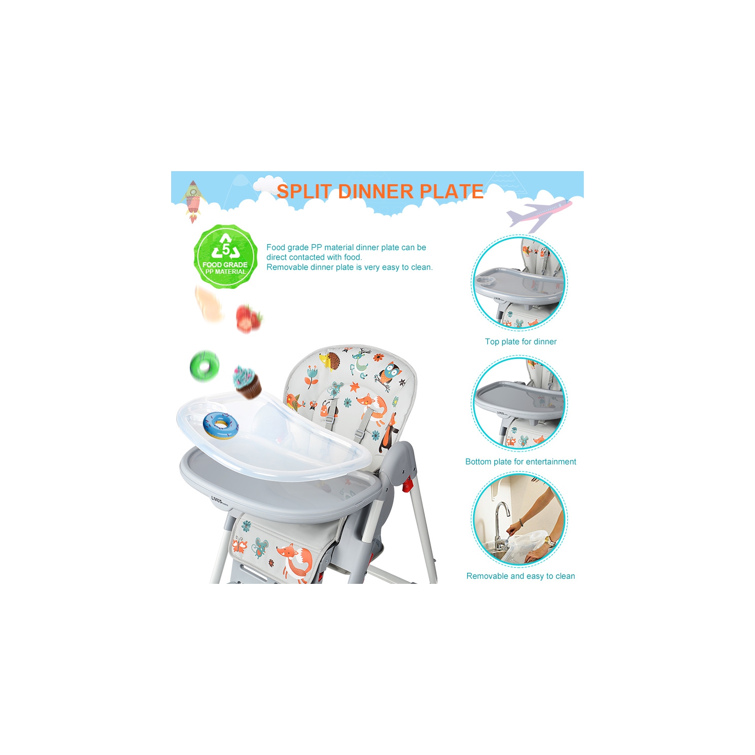 Baby High Chair, Foldable Dining Chair with Storage Basket, Adjustable Seat Height, Food Tray and Footrest, 3 Reclining Backrest