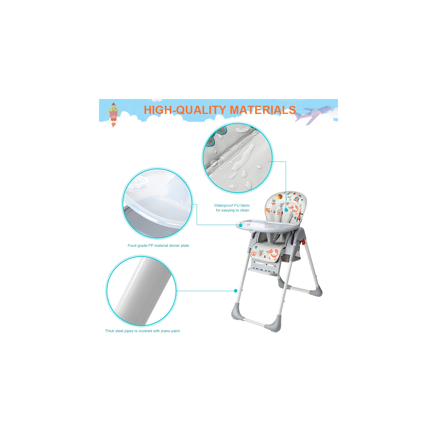 Baby High Chair, Foldable Dining Chair with Storage Basket, Adjustable Seat Height, Food Tray and Footrest, 3 Reclining Backrest