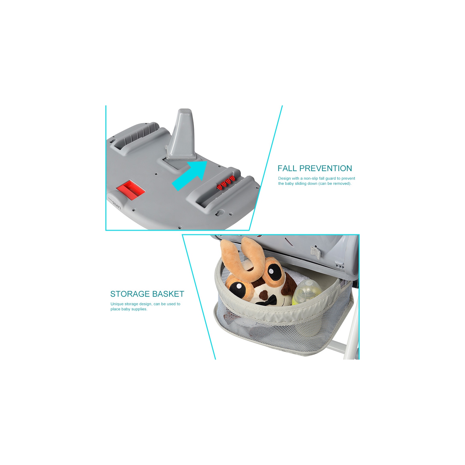 Baby High Chair, Foldable Dining Chair with Storage Basket, Adjustable Seat Height, Food Tray and Footrest, 3 Reclining Backrest