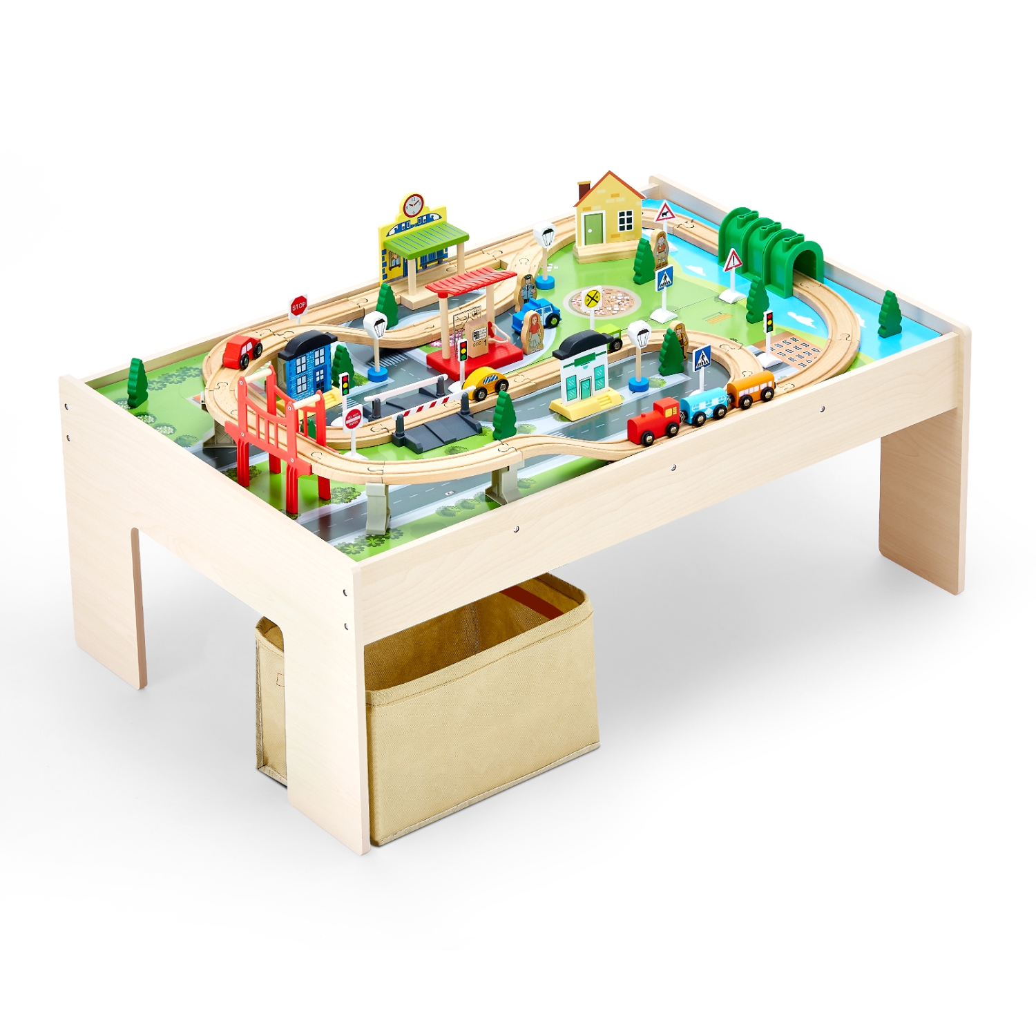 VEVOR 3-in-1 Kids Ages 3+Train Table, 84 Multicolor Pieces Wooden Kids Activity Table with Collapsible Storage Bin,Wooden Train Set for Gaming,