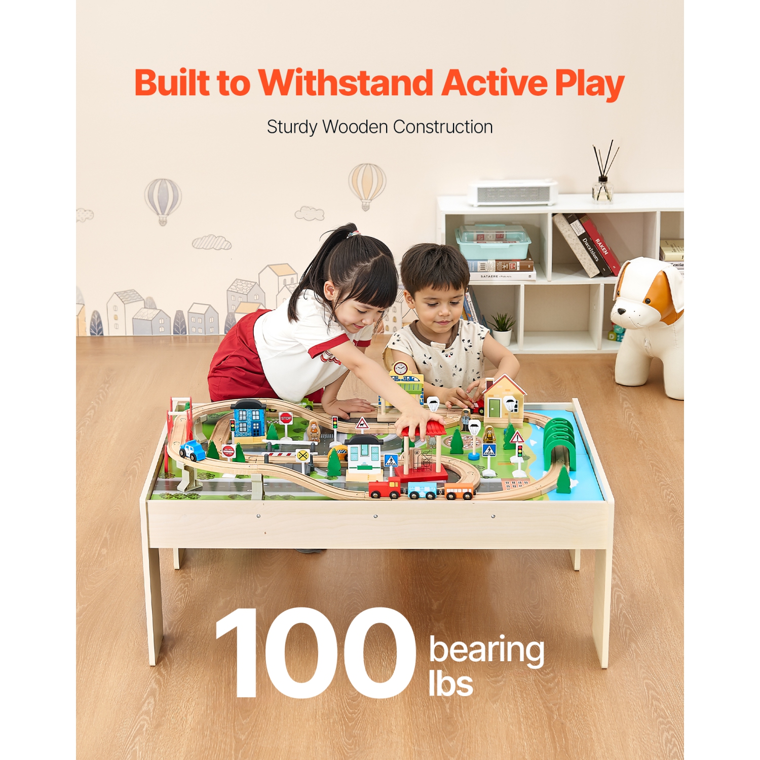 VEVOR 3-in-1 Kids Ages 3+Train Table, 84 Multicolor Pieces Wooden Kids Activity Table with Collapsible Storage Bin,Wooden Train Set for Gaming,