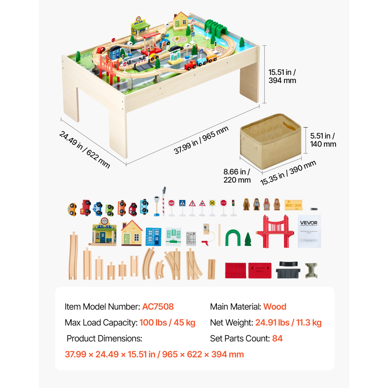 VEVOR 3-in-1 Kids Ages 3+Train Table, 84 Multicolor Pieces Wooden Kids Activity Table with Collapsible Storage Bin,Wooden Train Set for Gaming,