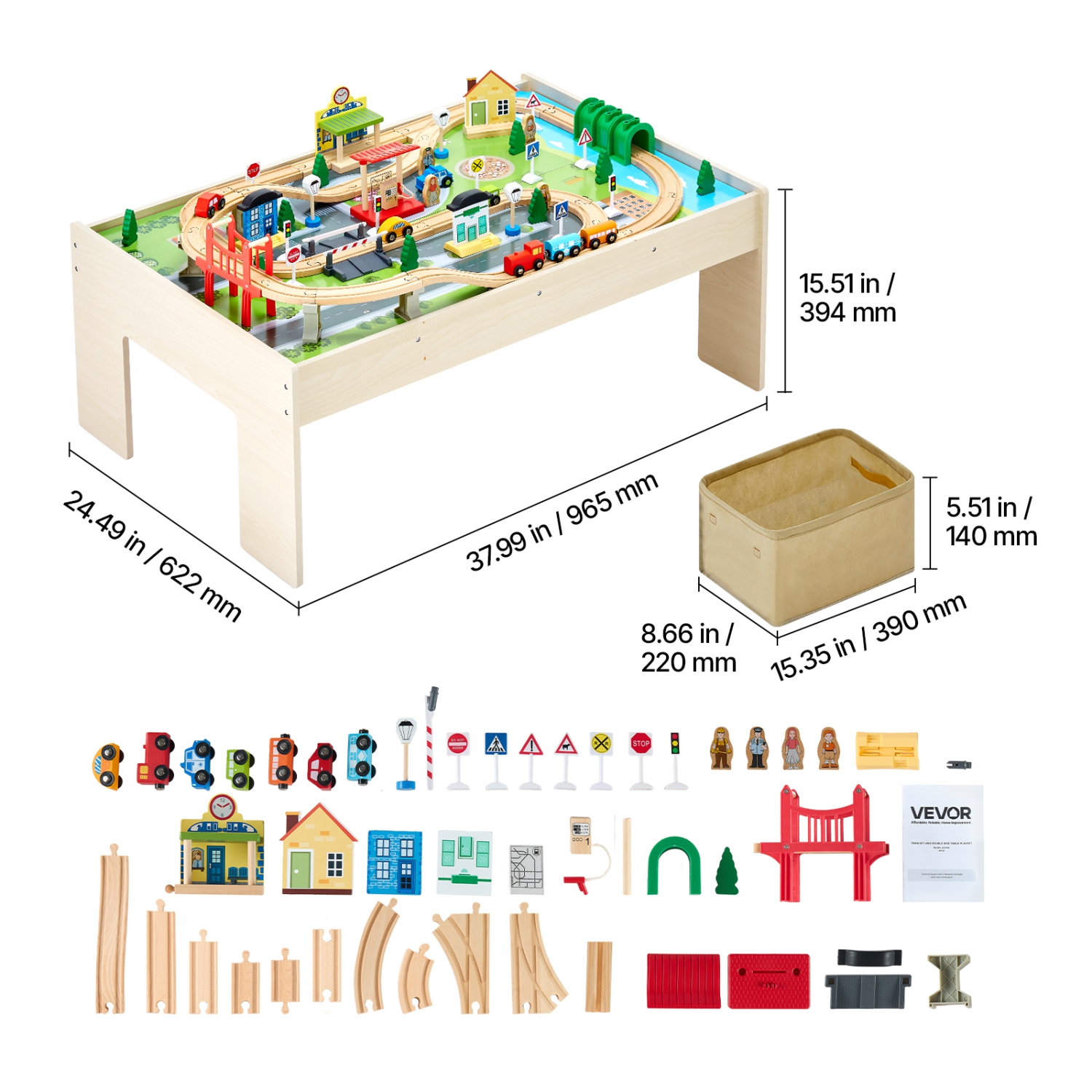 VEVOR 3-in-1 Kids Ages 3+Train Table, 84 Multicolor Pieces Wooden Kids Activity Table with Collapsible Storage Bin,Wooden Train Set for Gaming,