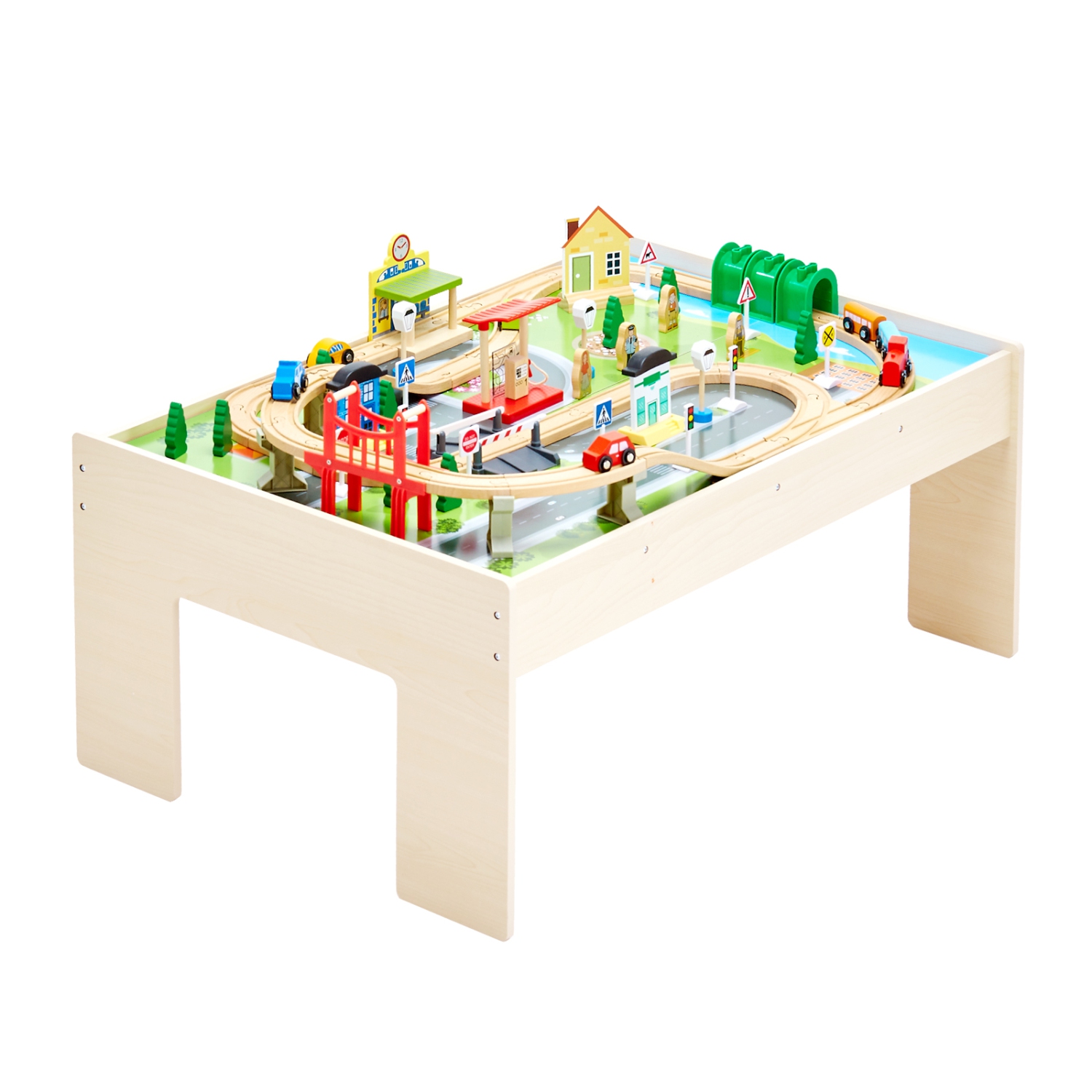 VEVOR 3-in-1 Kids Ages 3+Train Table, 84 Multicolor Pieces Wooden Kids Activity Table with Collapsible Storage Bin,Wooden Train Set for Gaming,
